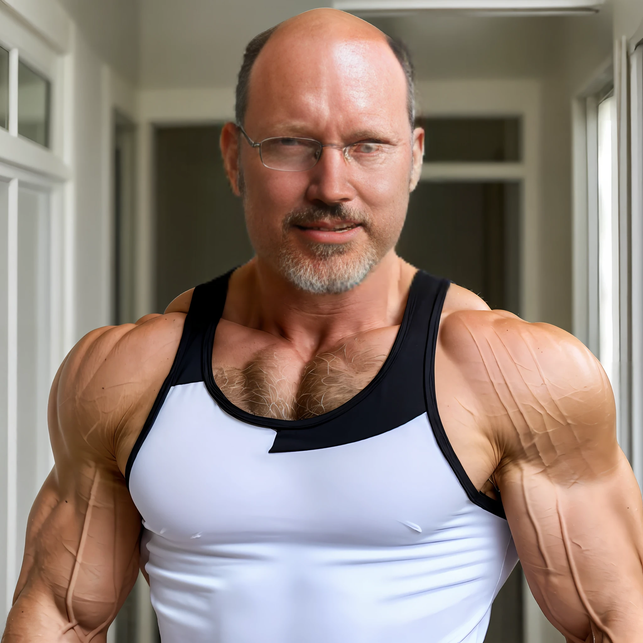 White-skinned boy, front, muscular, bald, wearing black tank top, 40 years old