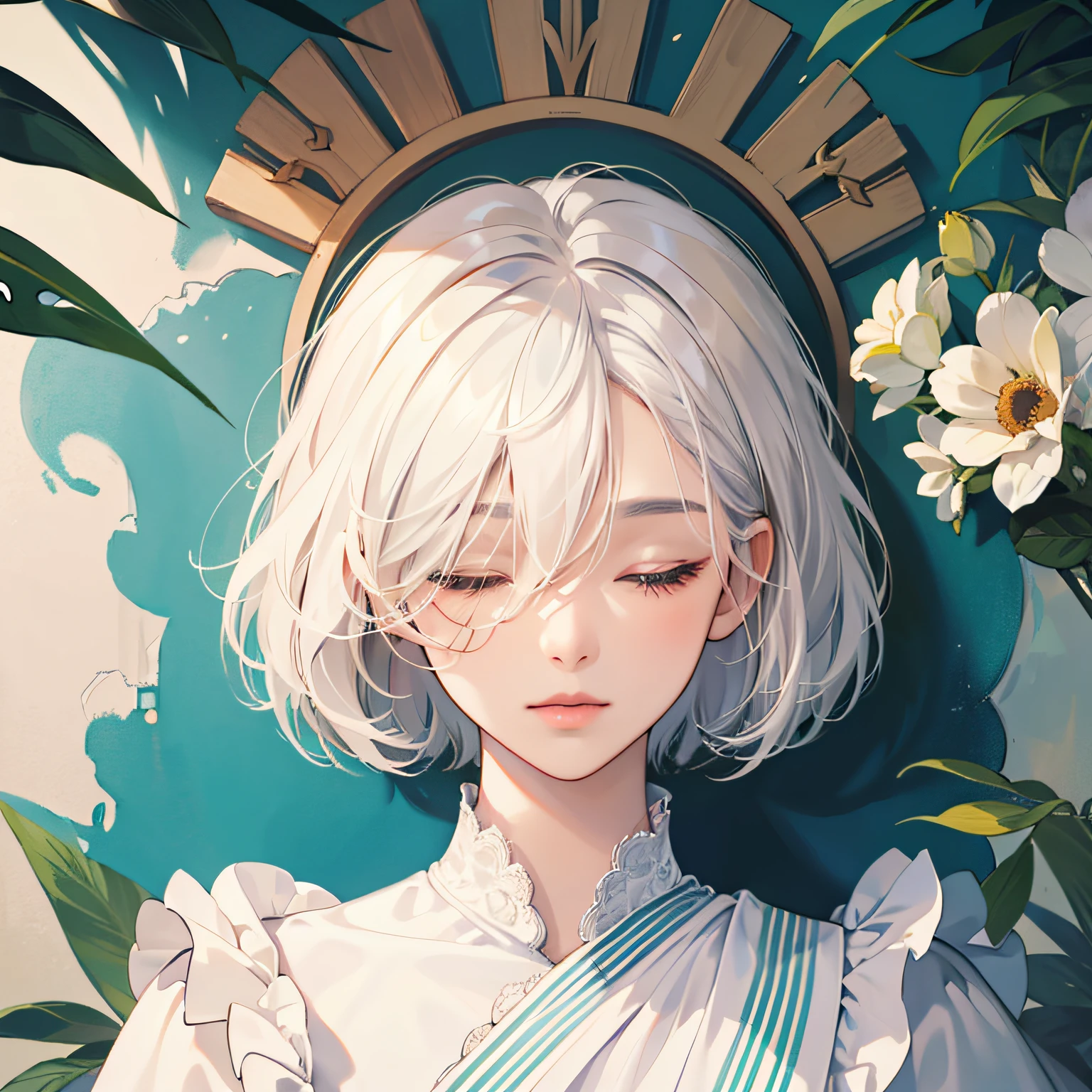 Masterpiece, Best quality, maximum quality, best work, master artist, (hair over eyes:1.3), (no eyes:1.3), white hair, covered eyes, bob cut --auto