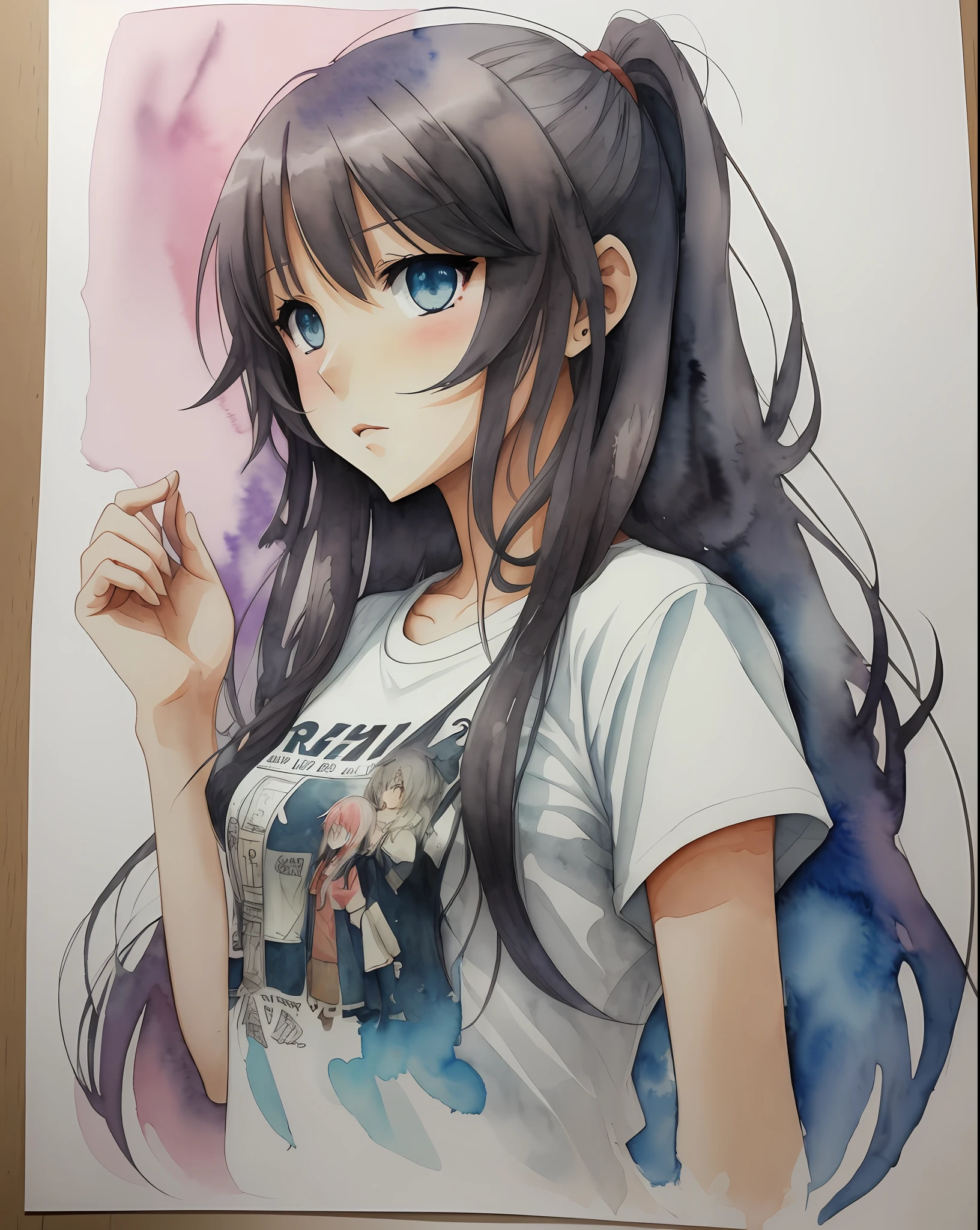 a messy long haired anime girl, with a T-shirt printed with R A M O N E S  .
Watercolour and ink. --auto --s2