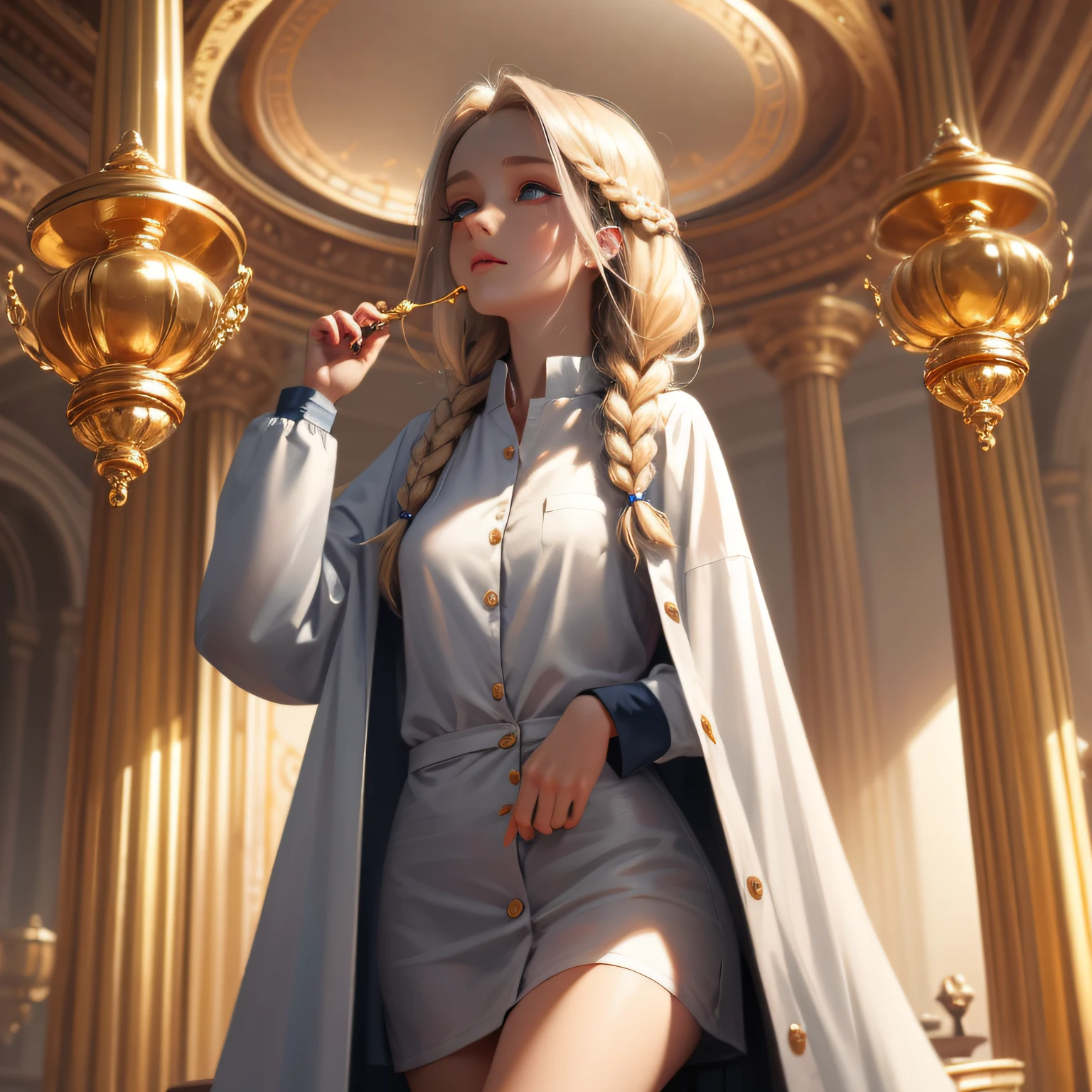 labcoat，Fair skin，whaite hair，long braid，gold eyes，Look up，The upper part of the body，need，Masterpiece Streakie --auto