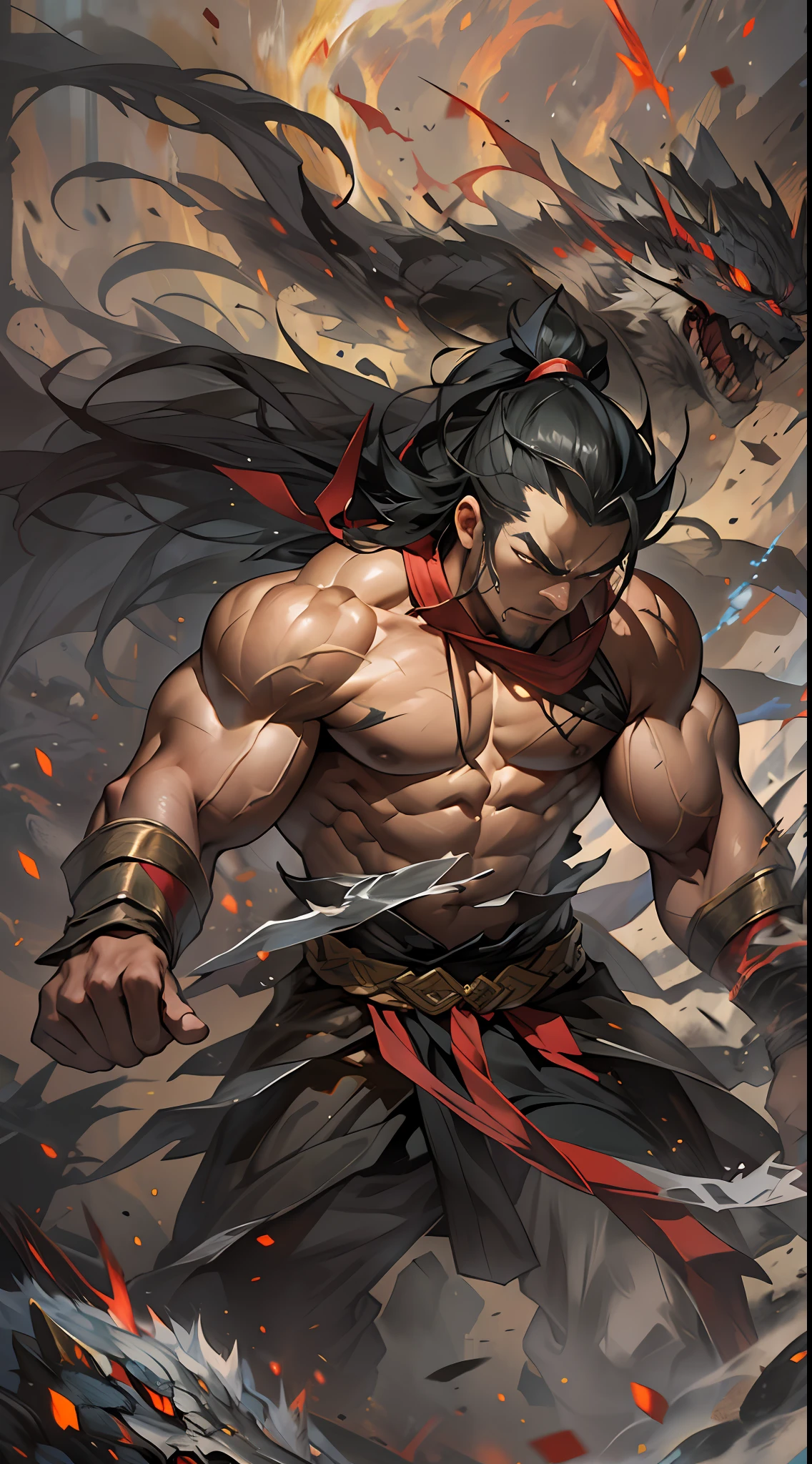 Li Gu's battle shocks everyone, displaying extraordinary combat power, his body radiating a powerful aura, bulging muscles, determined gaze, as if transformed into a war god. However, due to excessive exhaustion, he cannot sustain it for long, his stamina gradually weakening, , 32k, best quality, masterpiece, super detail, high details,