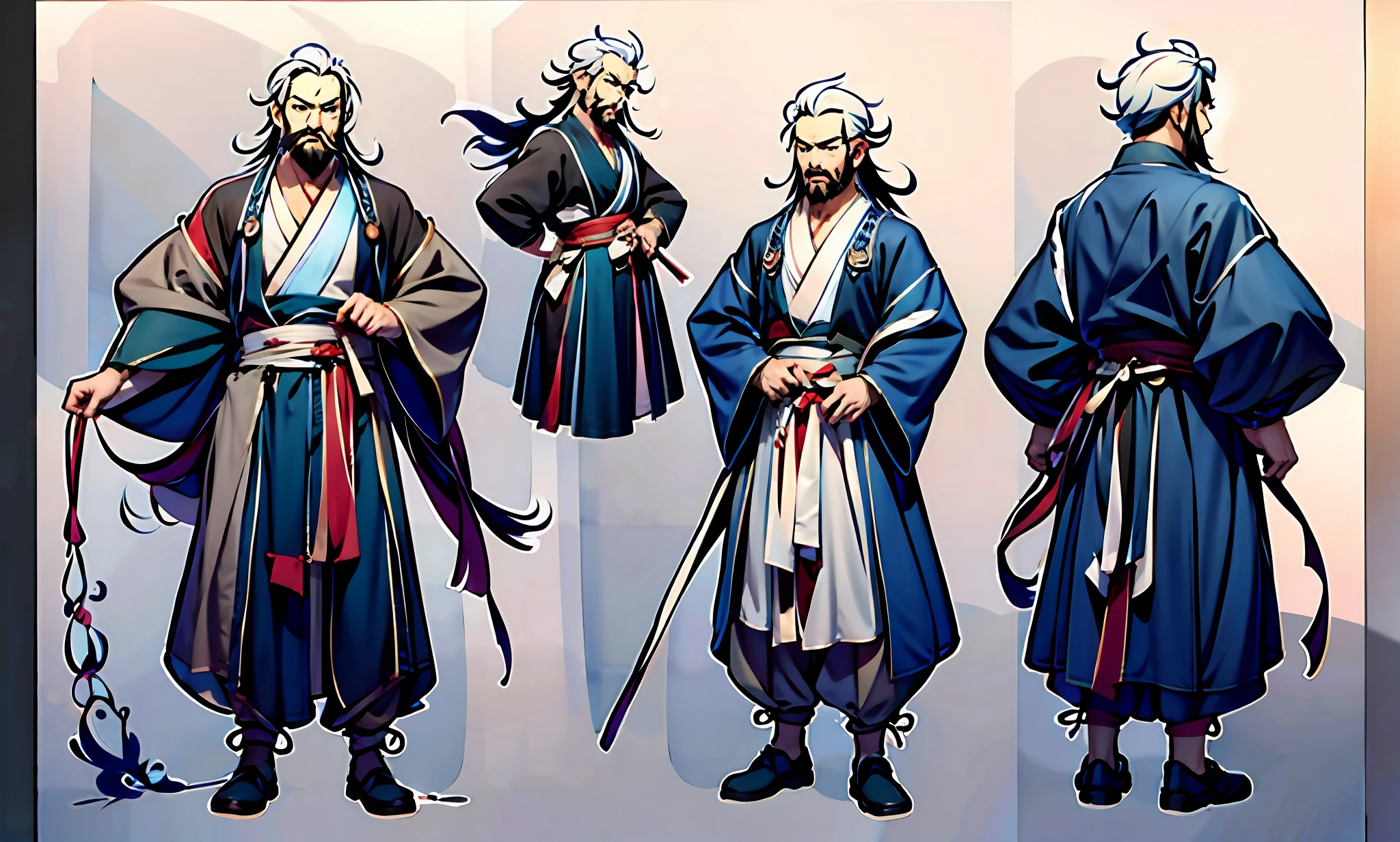 (Masterpiece, Best Quality: 1.2), Traditional Chinese Ink Painting, Ancient Chinese Clothing, 1 Man, Old Man, One Character, Taoist Priest, Gray Taoist Robe, Gray Clothes, Cloth Shoes, Long Robe, Long White Hair, Long Beard, White Beard, Old Man: 1.5, Simple Background, White Background: 1.5, White Background, Setting Diagram, Three View, People Diagram, Reference Table, Multi-View, Three-sided View, Three-sided View (Side View, Front View, Front View, Back View), Front View, Standing Posture, Classical Painting, Chinese Painting Style, Full body, standing, old man, gray hair, wise man, Guvitz on ArtStation Pixiv, Guvez on Pixiv art station