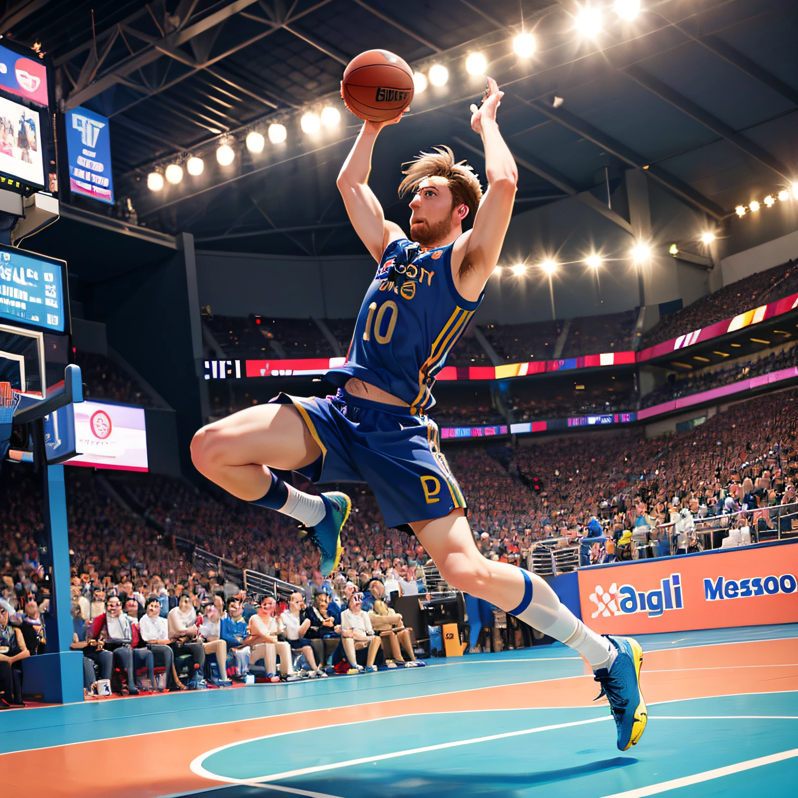 Football superstar Messi，at  basketball court，Dunk score（8k）high high quality（A detailed）（Real Human） --auto