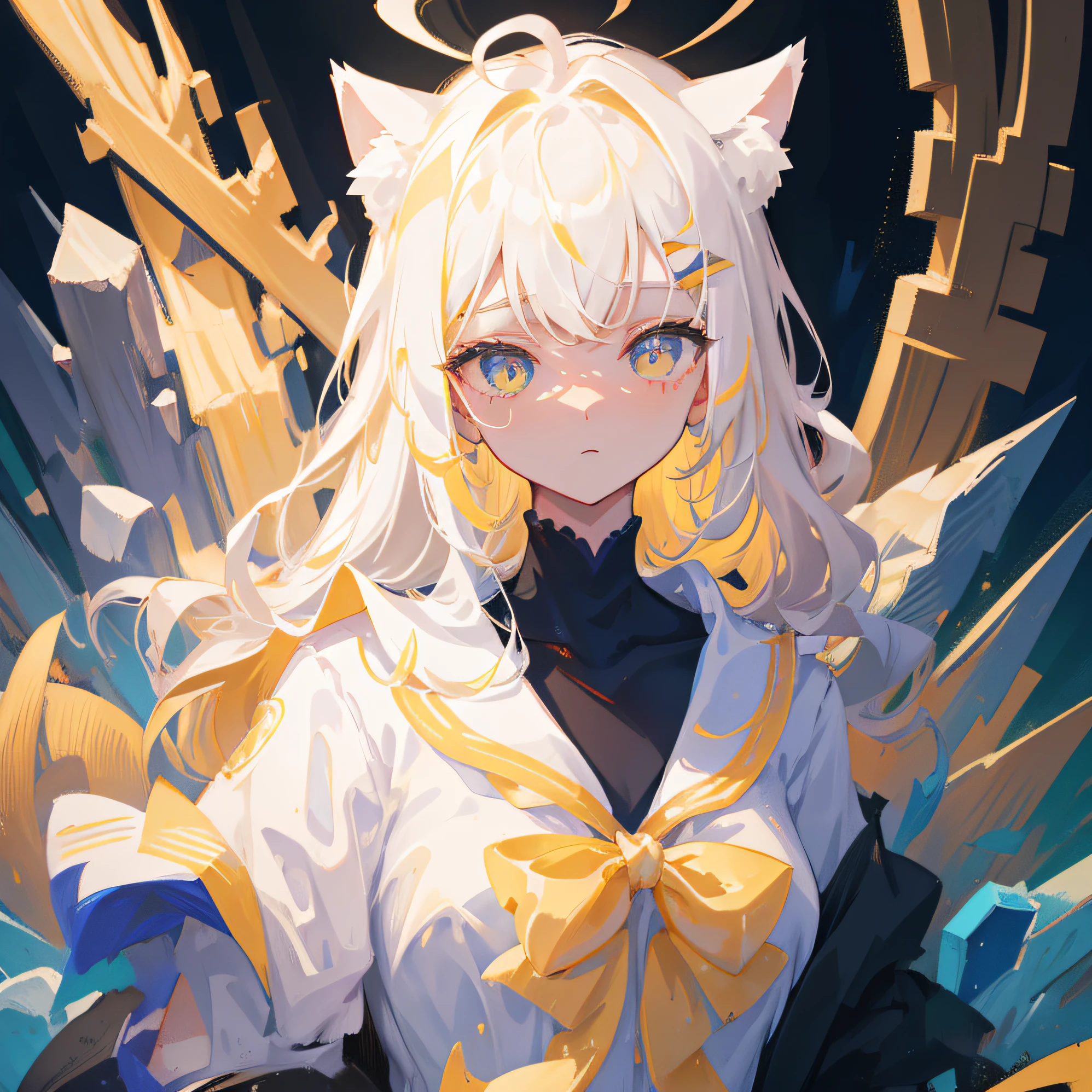 tmasterpiece,Need,Extremely detailed Cg Unity 8K wallpaper,crystal background,long white hair,Light yellow pupils,one-girl,Lori huge breasts cleavage,cat ear,s girl,Young,Soft cute,The contrast is cute,Pure desire,sideface,Look up at the sky,apprehension,flatchest,Drill hair,Idade:16,a sailor suit,sideface,The upper part of the body,ahoge,Gradient hair,The demeanor is indifferent,adolable