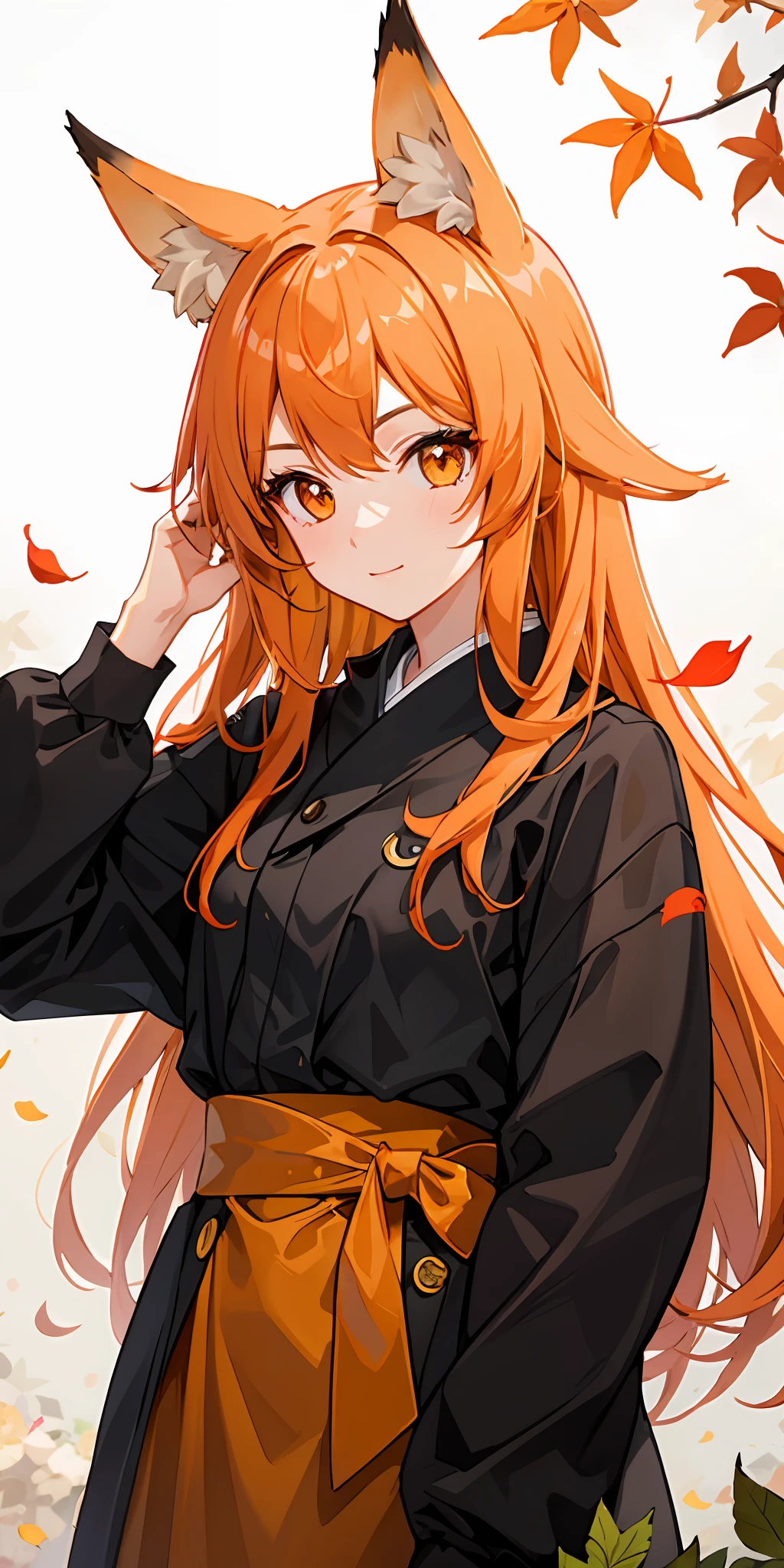 1girl in、orange color hair、Orange eyes、Fox ears、Colored leaves