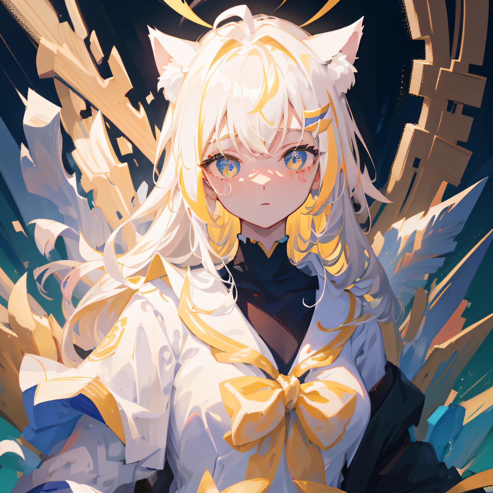 tmasterpiece，Need，Extremely detailed Cg Unity 8K wallpaper，crystal background，long  white hair，Light yellow pupils，one-girl，Lori huge breasts cleavage，cat ear，teens girl，Young，Soft cute，The contrast is cute，Pure desire，sideface，Look up at the sky，apprehension，flatchest，Drill hair，Idade：16，a sailor suit，sideface，The upper part of the body，ahoge，Gradient hair，The demeanor is indifferent，adolable