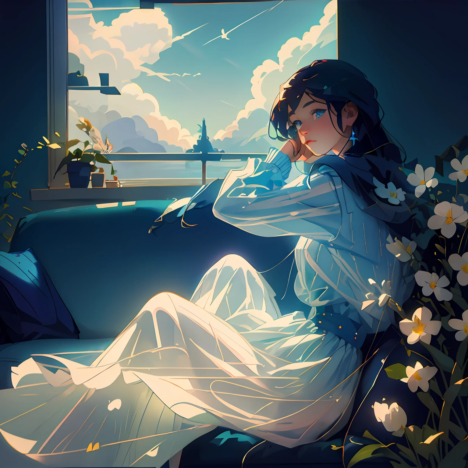 1girll,long whitr hair+eBlue eyes:1.2)sideface,with fair skin,Hands on your head,sitting in the couch,Rest your head on the windowsill,There is wind,There are flowers on the windowsill,45 degrees up at the sky,Show half body,Focus on depicting the blue sky and white clouds on the windowsill and outside the window,the sea,Show the landscape,Fine light and shadow,Lots of details,Side lights on the sides,Close-up side face,high-definition picture quality,Particle rendering.