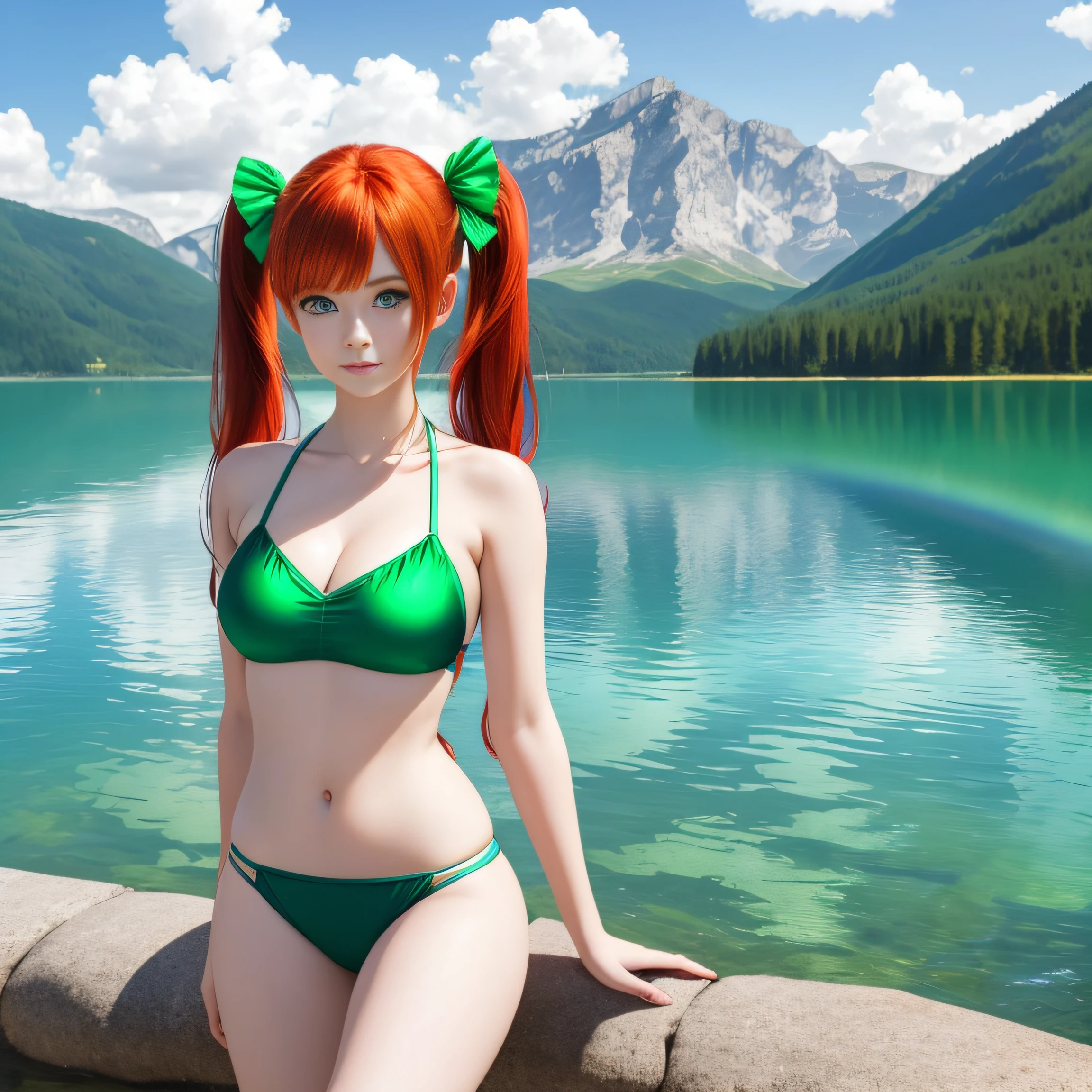 cute redhead woman in twin tails, multiple rainbow colored hair, sky-blue eyes, happy, Ukrainian, petite, pale skin, wearing a green metallic color bikini, near a lake in Austria, photo realistic woman. --auto