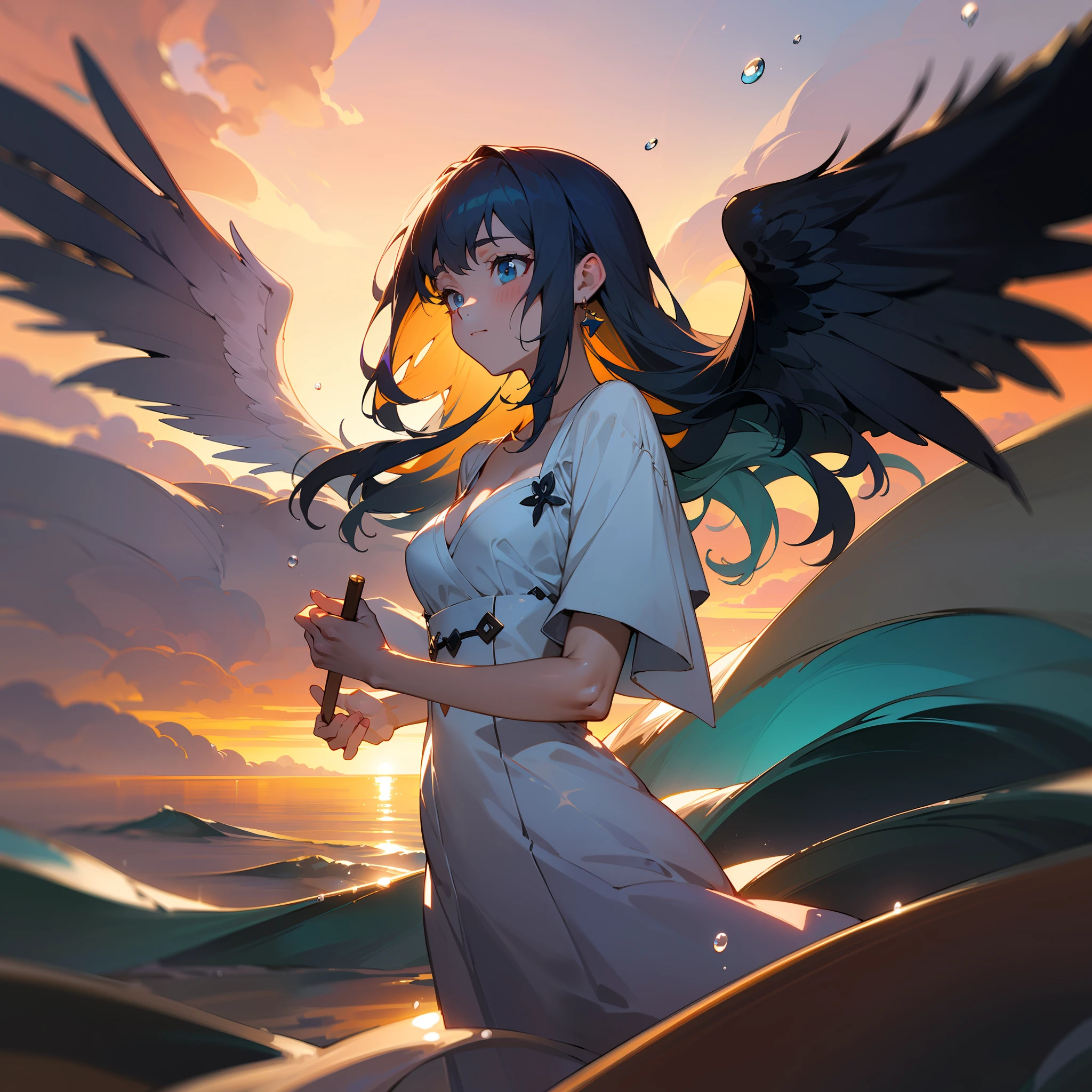(Painting style:photorealestic),(sentiment:Quiet),(Scenes:The sea at sunset),(人物:femele, whaite hair, blue color eyes),(trappings:cool、Long white dress for a loose fit),(composition:Lateral face),(closeup cleavage:Gorgeous details,Detailed depiction of hair droplets and pins),(Light:Subtle colors in the afterglow of sunset),(the detail:Background waves,Ripple Gull Bird),(mediating:digitial painting),Best Picture Quality.