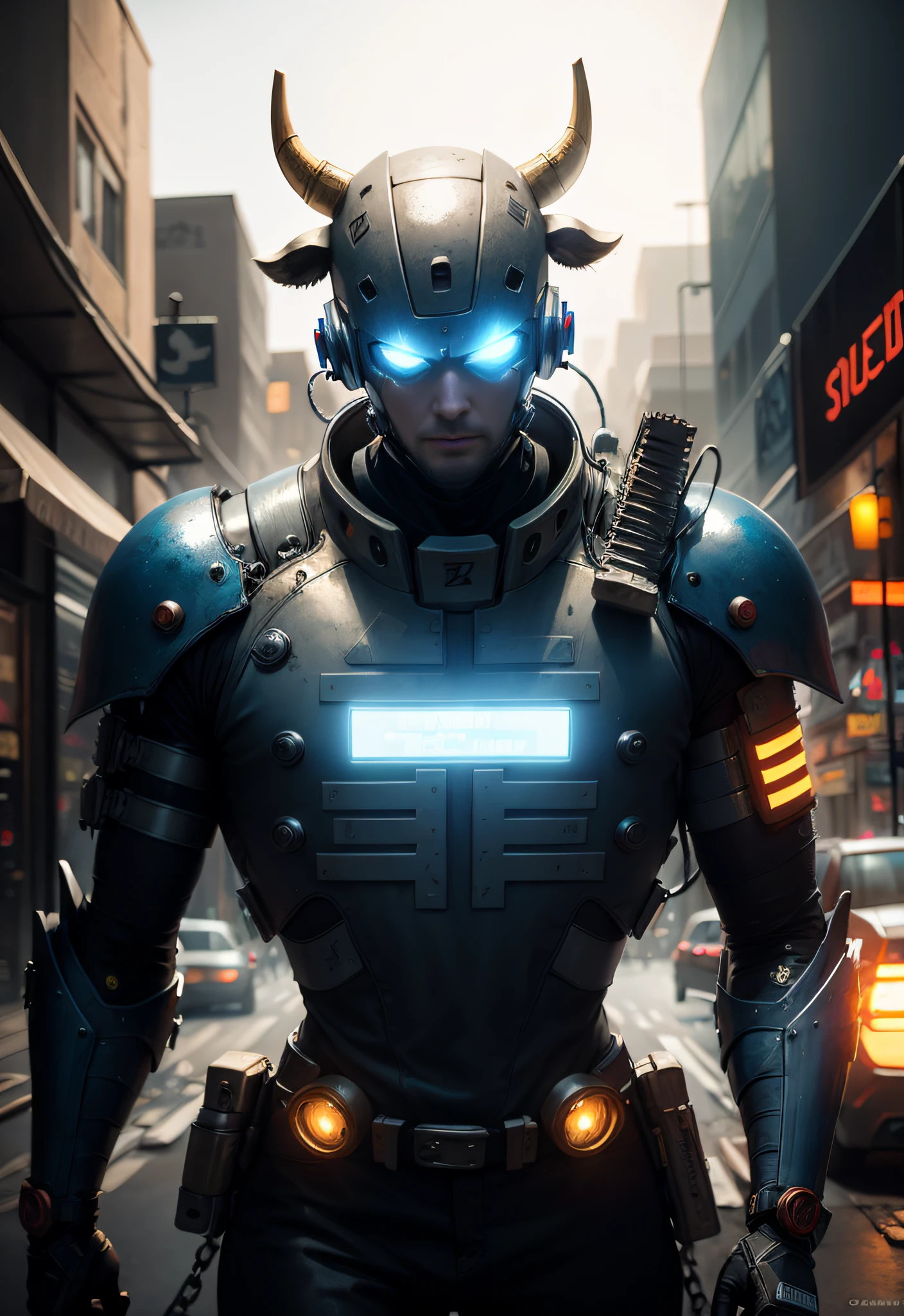 Dark_fantasy,Cyberpunk,(Chainsaw,chainsawman,Red:1.1),1人,Mechanical Wonder,Robotic presence,cybernetic guardians,wearing a worn-out mech suit，iintricate，（Steel metal[rusted]），ellegance，Clear focus，Blue glare eyes，Photo by Greg Rutkowski，Cobalt blue and reflective silver，vivd colour，tmasterpiece，（（the street）），cow boy shot，dynamicposes，Michael Micella style