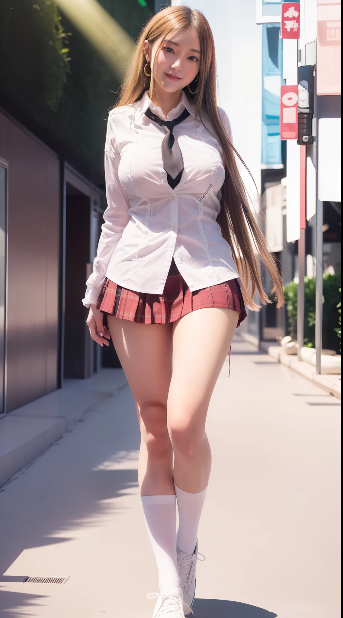 (((Marin Kitagawa))), (masterpiece, best quality), ((extremely detailed, intricate details, lush detail, insanely detailed face, beautiful red eyes, lips, detailed skin, very wide-eyed, skinny)), (( floating hair, shiny skin)), (1girl), wide hips, narrow waist, thick thighs, ((big pupil)) , nervous, ((happy, smile, long hair, younger, blush, tall, black outline, blonde hair, straight hair, seductive eyes, mature female, older, very long hair)), 1girl, toned, ((((indoors, in front of a big window, light shining through window, upper body focus)))), solo, blonde hair, school uniform, skirt, necktie, shirt, shoes, choker, jewellery, white shirt, socks, smile, brown footwear, black socks, looking at viewer, loafers, blue skirt, multicolored hair, plaid, pleated skirt, tied shirt, black choker, bangs, plaid skirt, bracelet, earrings, standing, blue necktie, grin, collared shirt, (((hands behind back, 1girl)))