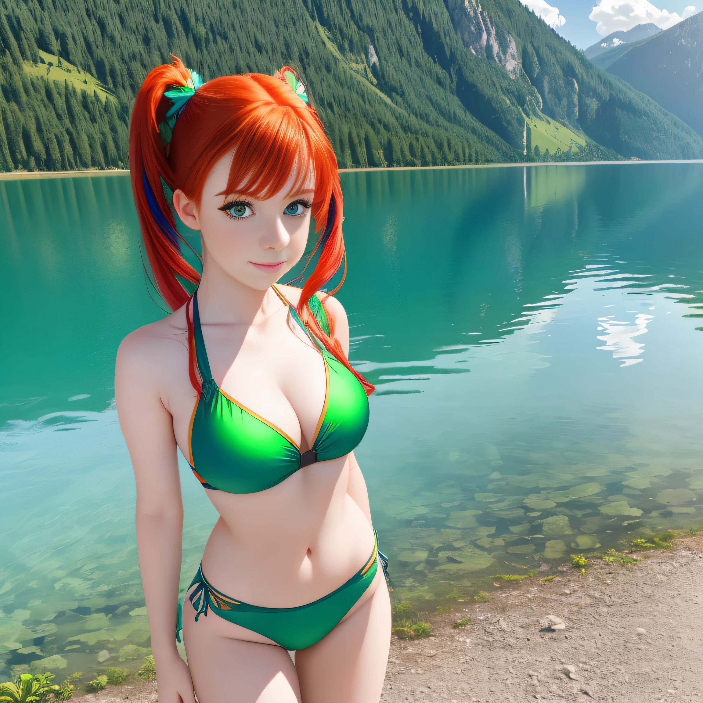 cute redhead woman in twin tails, multiple rainbow colored hair, sky-blue eyes, happy, Ukrainian, ite, pale skin, wearing a green metallic color bikini, near a lake in Austria, photo realistic woman. --auto