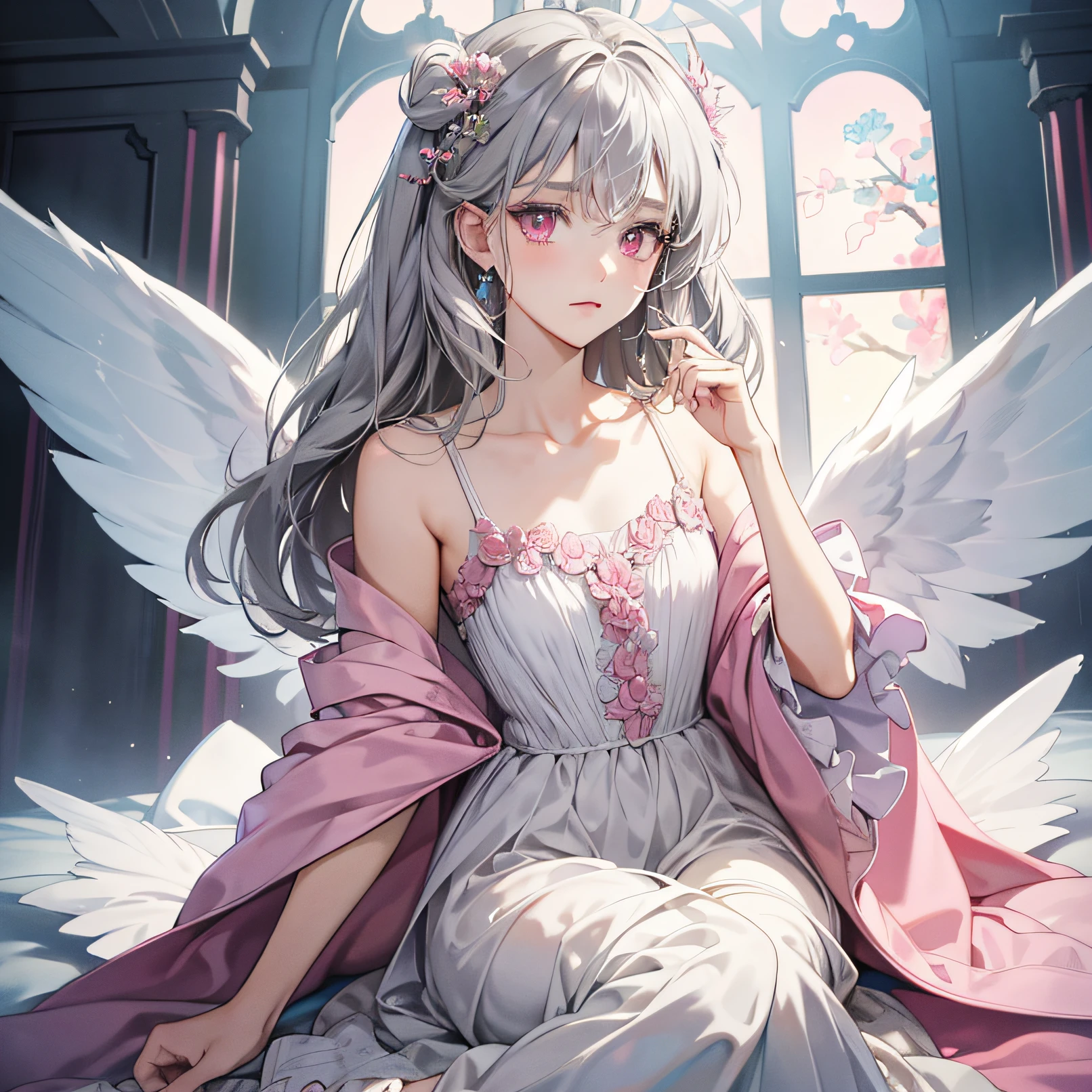 "(masterpiece level work:1.2),(Fine colors:1.1),Delicate texture,Hanging fairy,Clear collarbone,Gray hair and pink eyes,8K,Angel style,Create the perfect stage) " --auto