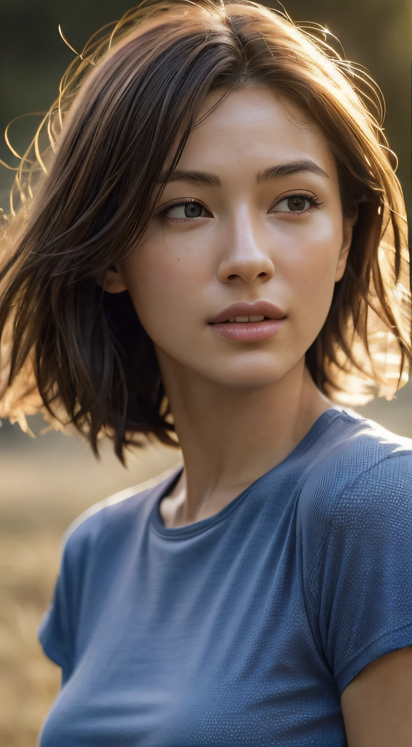 dressed, (photo realistic:1.4), (hyper realistic:1.4), (realistic:1.3), (smoother lighting:1.05), (increase cinematic lighting quality:0.9), 32K, 1girl,20yo girl, realistic lighting, backlighting, light on face, ray trace, (brightening light:1.2), (Increase quality:1.4), (best quality real texture skin:1.4), finely detailed eyes, finely detailed face, finely quality eyes, (tired and sleepy and satisfied:0.0), face closeup, t-shirts, (Increase body line mood:1.1), (Increase skin texture beauty:1.1)