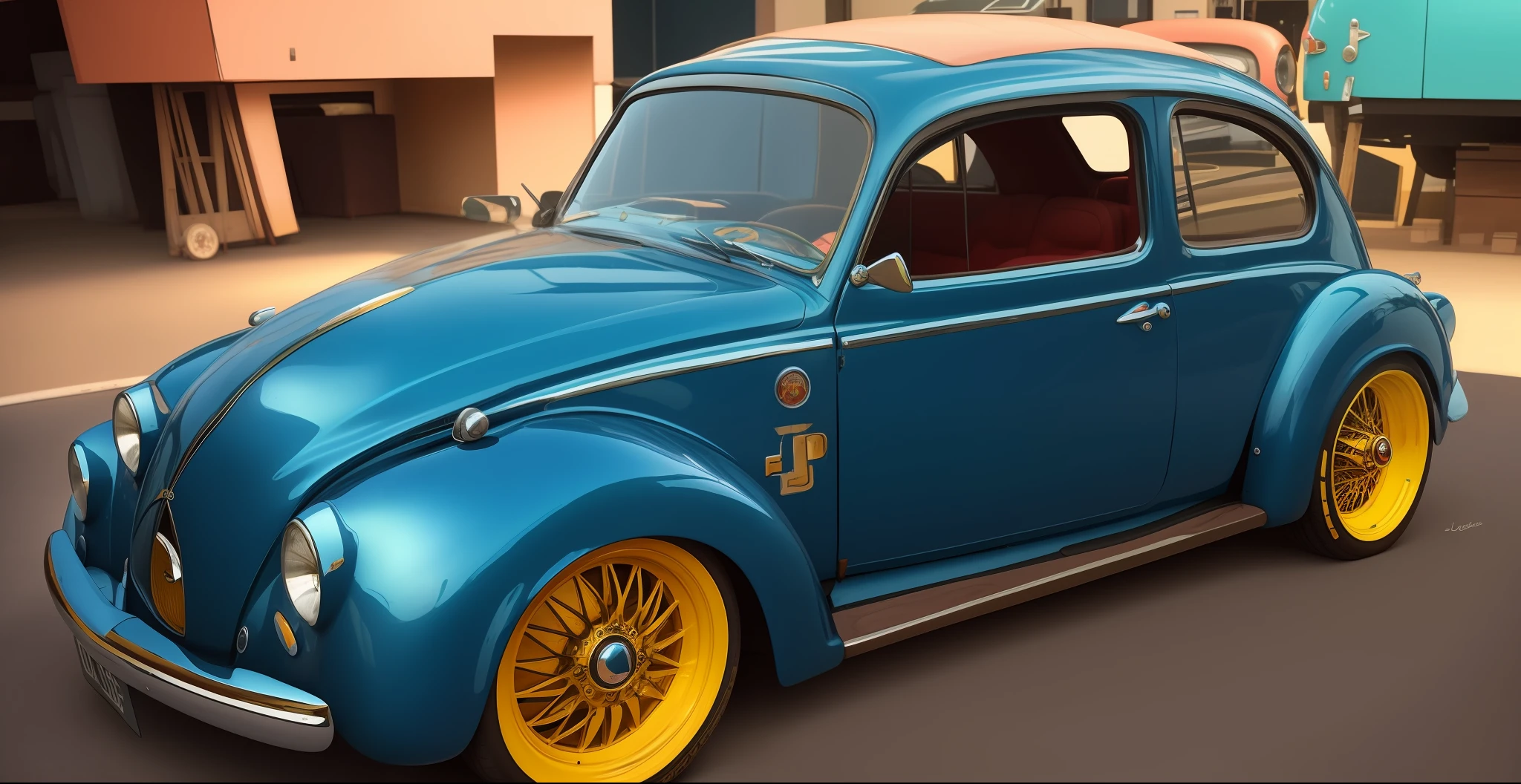 Carro azul e marrom estacionado em uma garagem, estilo lowrider, besouro, pintura de carro de cobre antigo manchado, trabalhos de pintura profissional, Inspirado no besouro, pintura de carro em ouro rosa escovado, Swagger! cultura lowrider, escaravelho, looking regal and classic, classic car, Lowriders, O carro mais feio do mundo, foto de perfil, pintura automotiva, classic cars,4 k,pintura realista,fotorrealista, ultra-detalhado, 4k