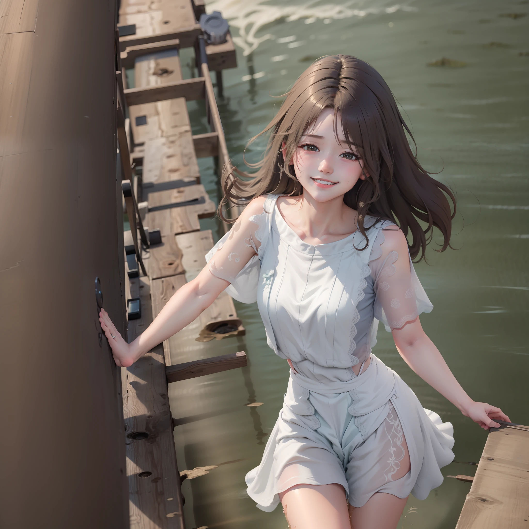 (Best picture quality,Representative Works,Super detailed CG 8K wallpaper) Under the water,(On the pier)A(19years old)teens girl,wears a white dress,With a smile,(Fresh and bright)Blue water,Microwave rippling