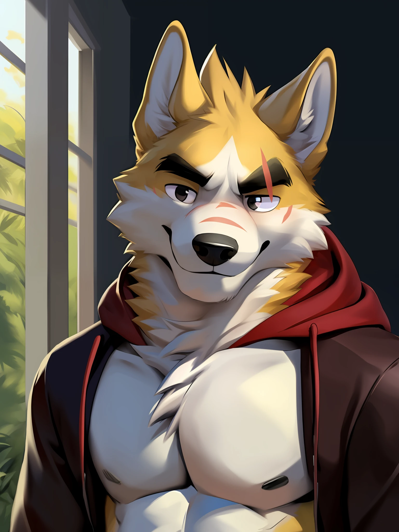 tmasterpiece， Best quality at best， nj5furry，shaggy male， 1boys， hairy pubic， malefocus，Fierce eyes，Tsundere， 独奏， Animal ear， formal， Wolf ears， Wolf Boy， ssmile，
White fur，Yellow fur，Brown fur，two tone fur，黑The eye，black shirt，Red hood，black   hoodie，Thick eyebrows，coda，Yellow ears，
（（full bodyesbian，）），
author：Chunni