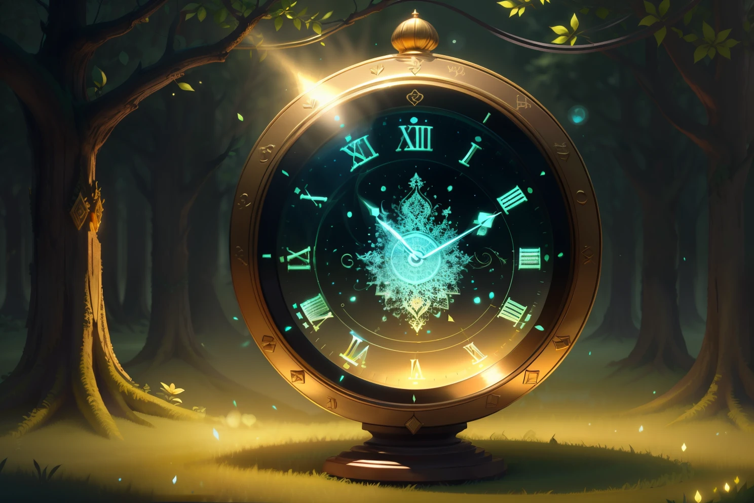 photo of a large hand holding an antique gold watch, flores, magia-fantasia-floresta, arte digital, most amazing art in the world, ((sem humanos)), Light Volumetric, cores suaves equilibradas, forest scenario, videiras, uhd, render de octanas 8k, magica, Awesome, ethereal, intrincado, design intrincado, ultra sharp, sombras, cores mais frias, trend in CGSociety, ((melhor qualidade)), ((obra-prima)), (detalhado), Antique clock