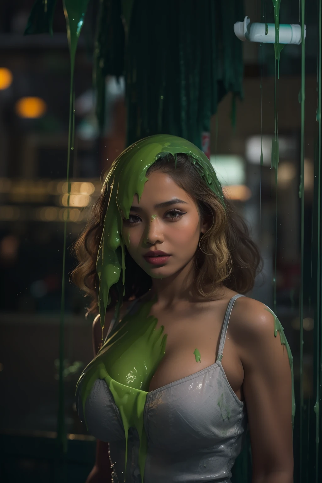 8k, HD, masterpiece, (photo-realistic: 1.2), hyper detailed, extreme texture, 25-year-old Filipina model, 1 woman, tan skin, trendy dress, cleavage, thick eyeliner, long eyelashes, heavy makeup, red lipstick, blonde hair, curly short hair, fully body, city streets at night, portrait photography, lens flairs, f/2.5, perfect body, beautiful face, (green slime dripping down head: 1.4)