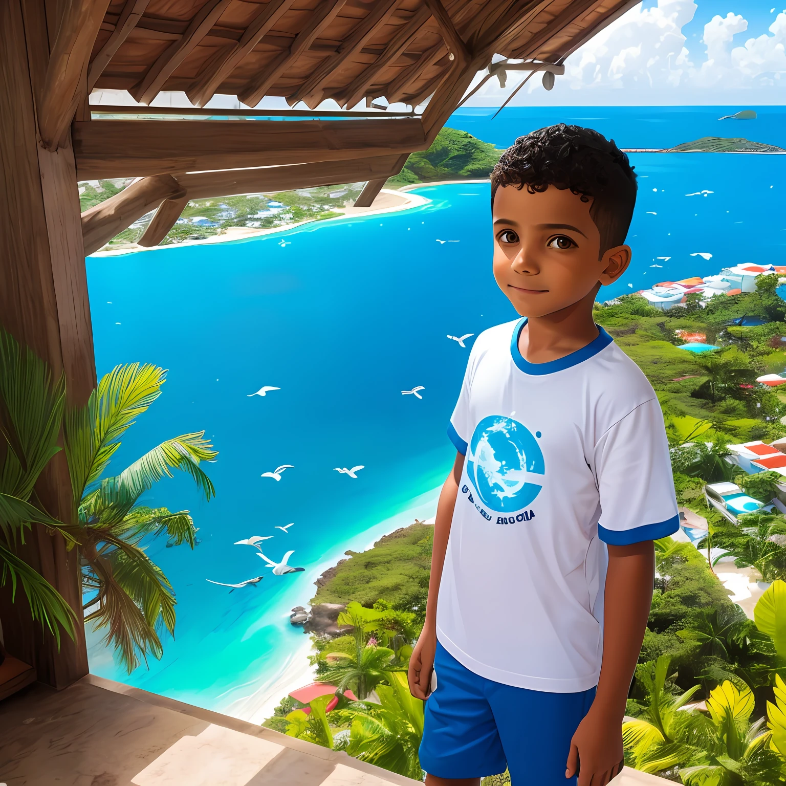 1 boy aventureiro, 6 anos, espantado, destemido, camiseta colorida, bermuda azul, brazil, jardim, birds, luz solar, piso, nuvens, quintal de casa, sementes estranhas