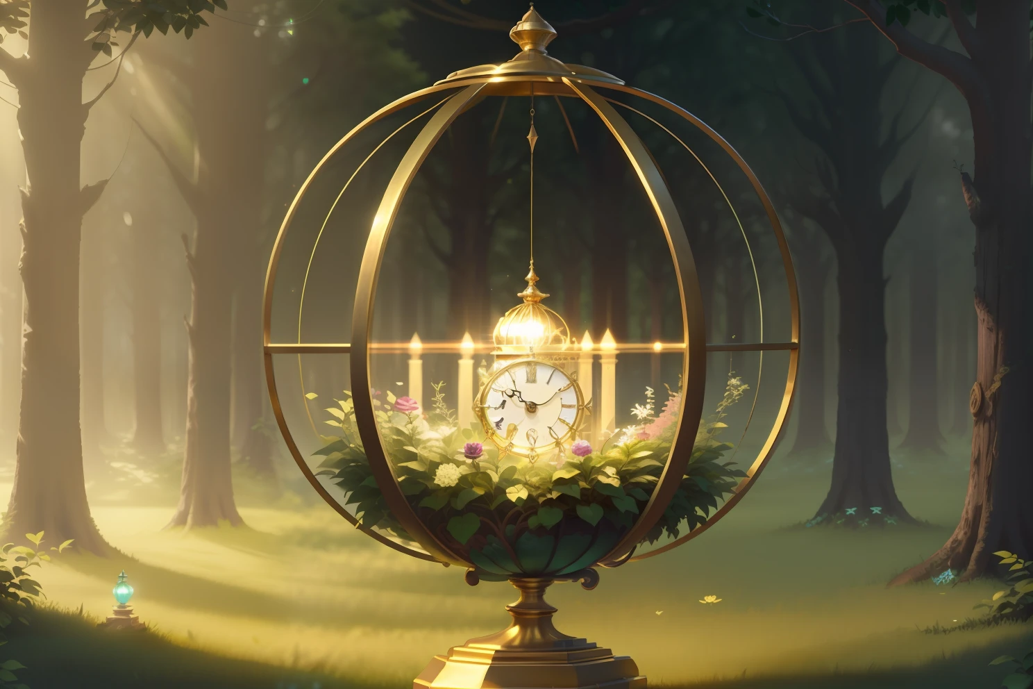 photo of a large hand holding an antique gold watch, flores, magia-fantasia-floresta, arte digital, most amazing art in the world, ((sem humanos)), Light Volumetric, cores suaves equilibradas, forest scenario, videiras, uhd, render de octanas 8k, magica, Awesome, ethereal, intrincado, design intrincado, ultra sharp, sombras, cores mais frias, trend in CGSociety, ((melhor qualidade)), ((obra-prima)), (detalhado), Antique clock