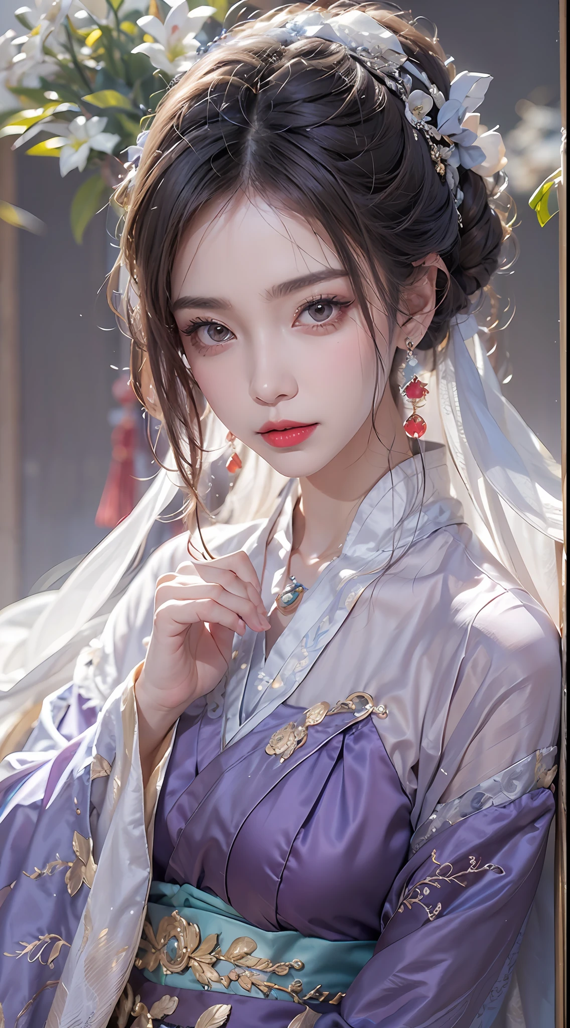 1 beautiful Van Hi girl in hanfu dress, The 27-year-old girl with the face of an old lady, Korea Doll, thin purple silk shirt with many white textures, white lace top, long platinum purple ponytail, hair jewelry, ear jewelry, necklace and necklace , meticulously drawn large light purple eyes, meticulous makeup, thin eyebrows, high nose, pretty red lips, not smiling, pursed lips, rosy cheeks, enlarged breasts, huge breasts, well-proportioned breasts, slim waist, purple mesh socks, chinese hanfu style, fictional art textures, vivid and realistic colors, RAW photos, realistic photos, ultra high quality 8k surreal photos, fantasy lighting effects, 10x pixel, magic effect (historical house background: 1.8), super detailed eyes, girl portrait, girl alone, (historical hanfu: 1.8)