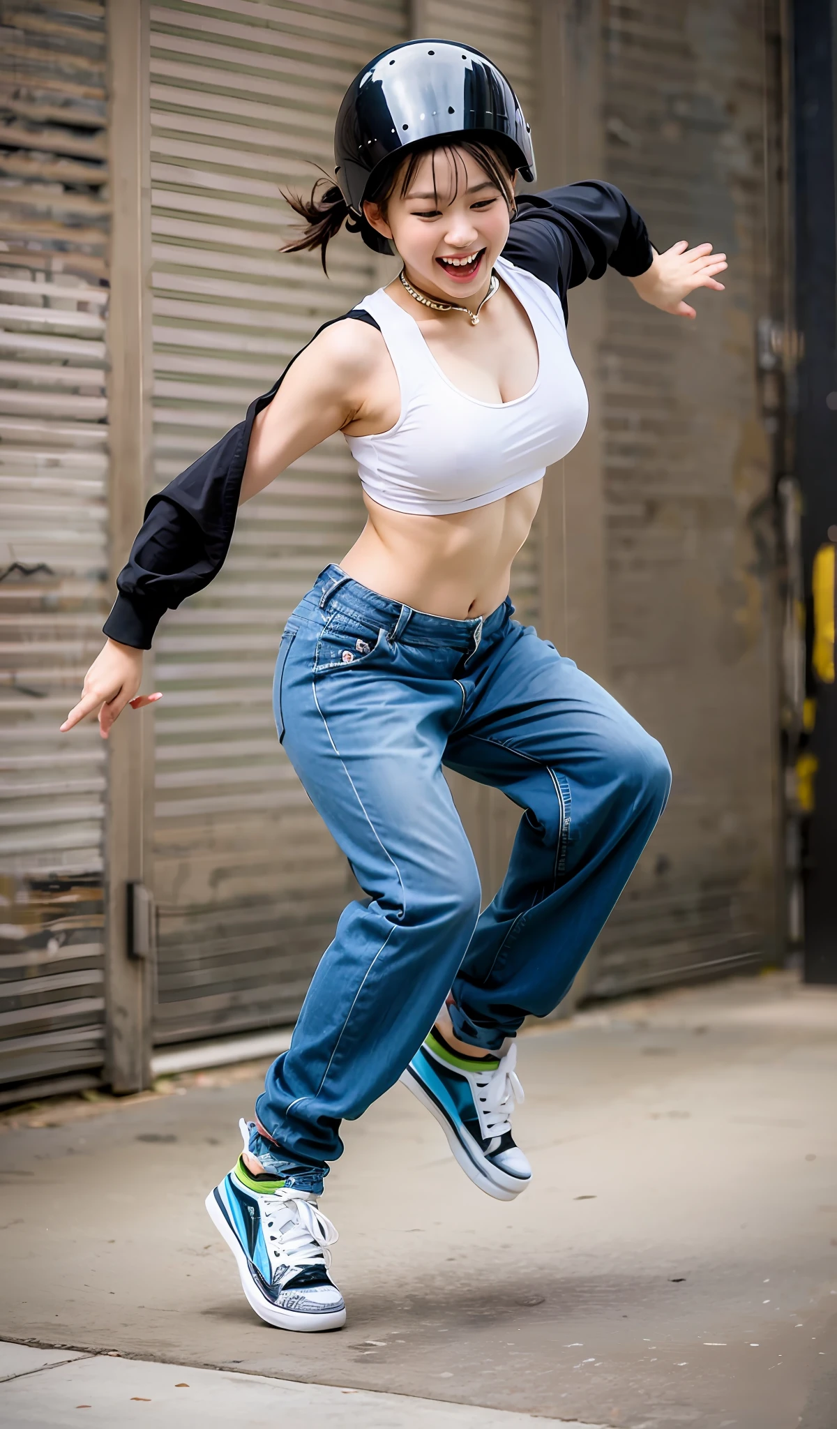 1人、独奏、Skateboarding、14years、Kojiri、smallunderboob、helmets、Loose pants、Medium Hair、Athletic physique、Fluid movement、Dance movements and grace、Expressing the joy of dancing、Blur the background