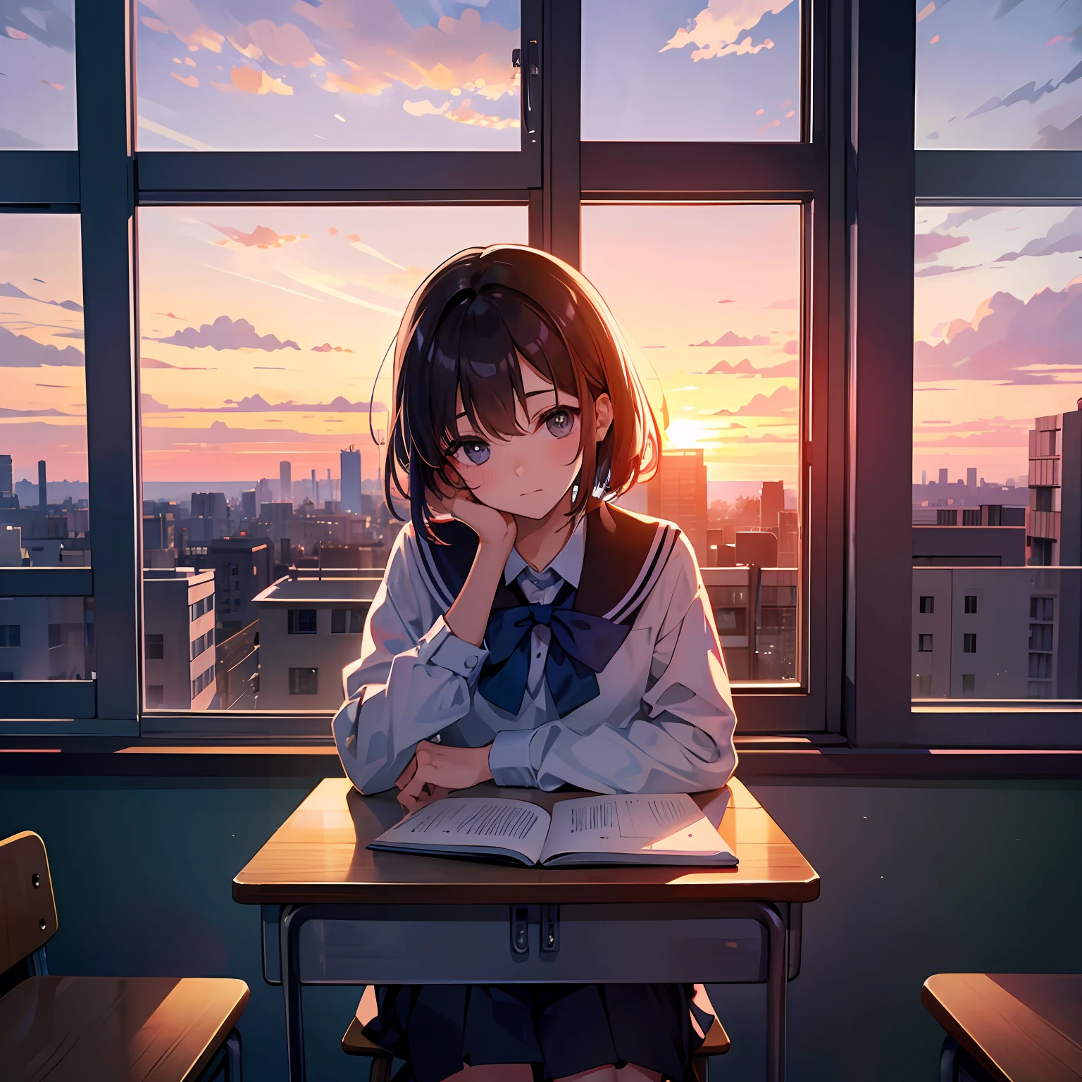 Girl doing homework in classroom,Holding a pen,Tilt your head and look sideways at the sunset outside the window,Alone in the classroom,The boy outside the window secretly looked at the girl as he passed the classroom --auto