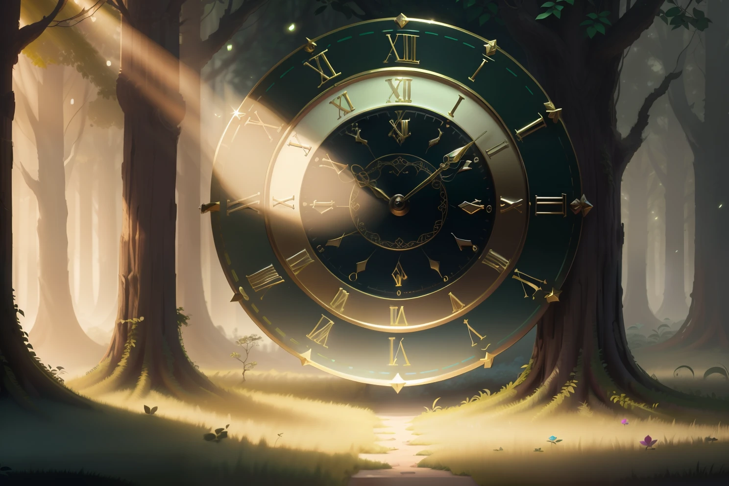 photo of a large hand holding an antique gold watch, flores, magia-fantasia-floresta, arte digital, most amazing art in the world, ((sem humanos)), Light Volumetric, cores suaves equilibradas, forest scenario, videiras, uhd, render de octanas 8k, magica, Awesome, ethereal, intrincado, design intrincado, ultra sharp, sombras, cores mais frias, trend in CGSociety, ((melhor qualidade)), ((obra-prima)), (detalhado), Antique clock