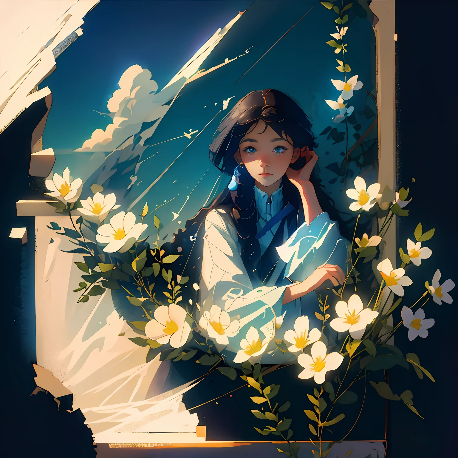 1girll,long whitr hair+eBlue eyes:1.2)sideface,with fair skin,Hands on your head,sitting in the couch,Rest your head on the windowsill,There is wind,There are flowers on the windowsill,45 degrees up at the sky,Show half body,Focus on depicting the blue sky and white clouds on the windowsill and outside the window,the sea,Show the landscape,Fine light and shadow,Lots of details,Side lights on the sides,Close-up side face,high-definition picture quality,Particle rendering.