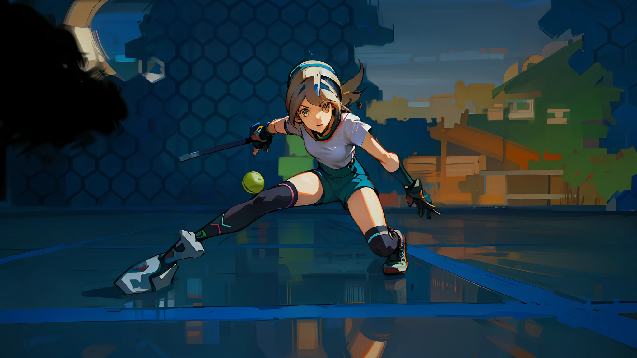 Anime girl on a tennis court with a racket and ball, Personagem de videogame Katana Zero, style of jet set radio, Pose de batalha, Pose de combate, Esgrimista de anime, personagem de jogo de luta, Future of Jet Set Radio, Radio Jet Set, Captura de tela do videogame>, Fight put, the anime girl is running, poser, inspirado por Li Shida, Pose de ataque
