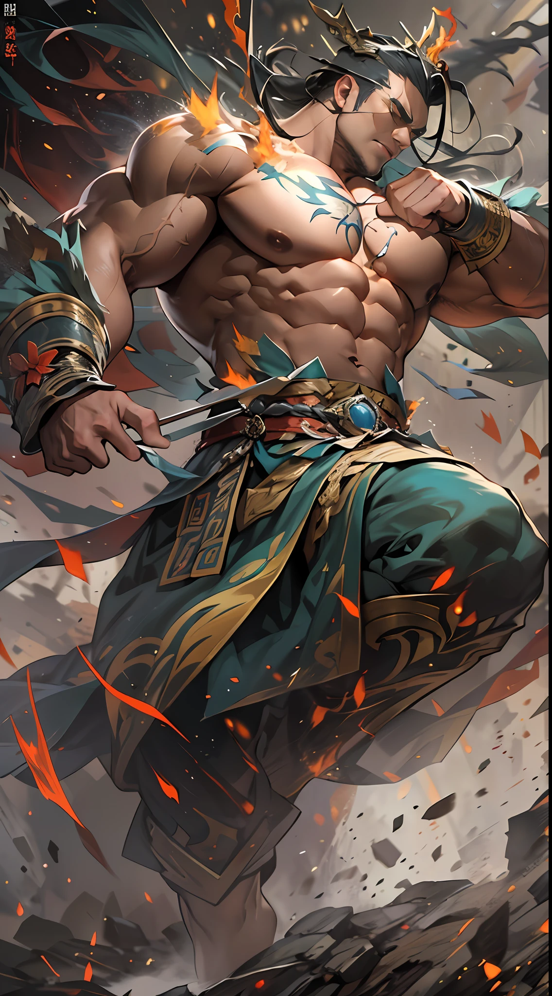 Li Gu's battle shocks everyone, displaying extraordinary combat power, his body radiating a powerful aura, bulging muscles, determined gaze, as if transformed into a war god. However, due to excessive exhaustion, he cannot sustain it for long, his stamina gradually weakening, , 32k, best quality, masterpiece, super detail, high details,