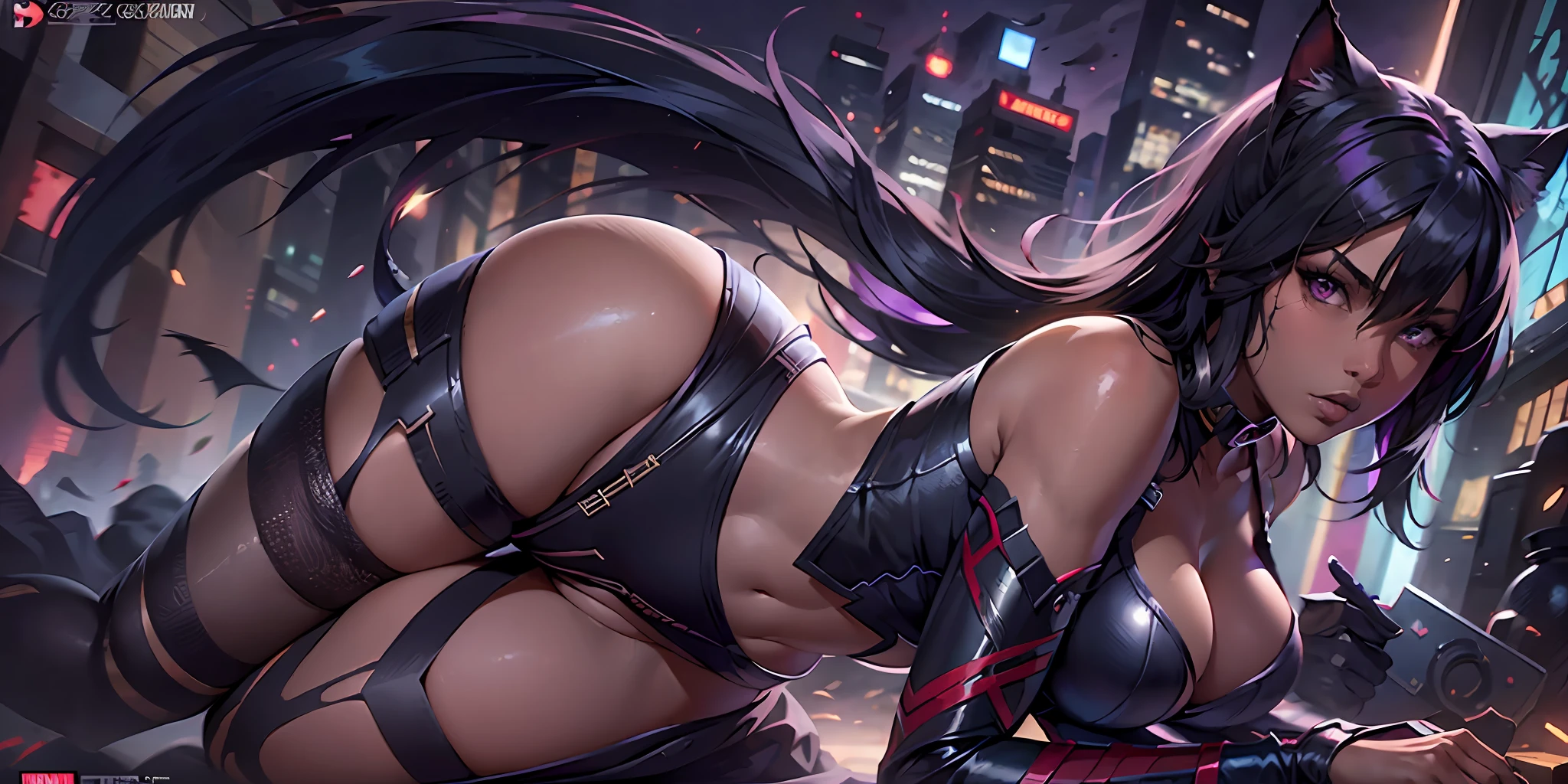 Masterpiece, Excellent, 1girl, solo, complex details, color diffusion, comic book, anime, marvel, DC, catgirl, dark skin, ebony, brown skin, dark-skinned female, thighs, cat ears, dark hair, black hair, purple eyes, skimpy attire, epic attire, assassin, badass, deadly but sexy, trending, demon, goddess