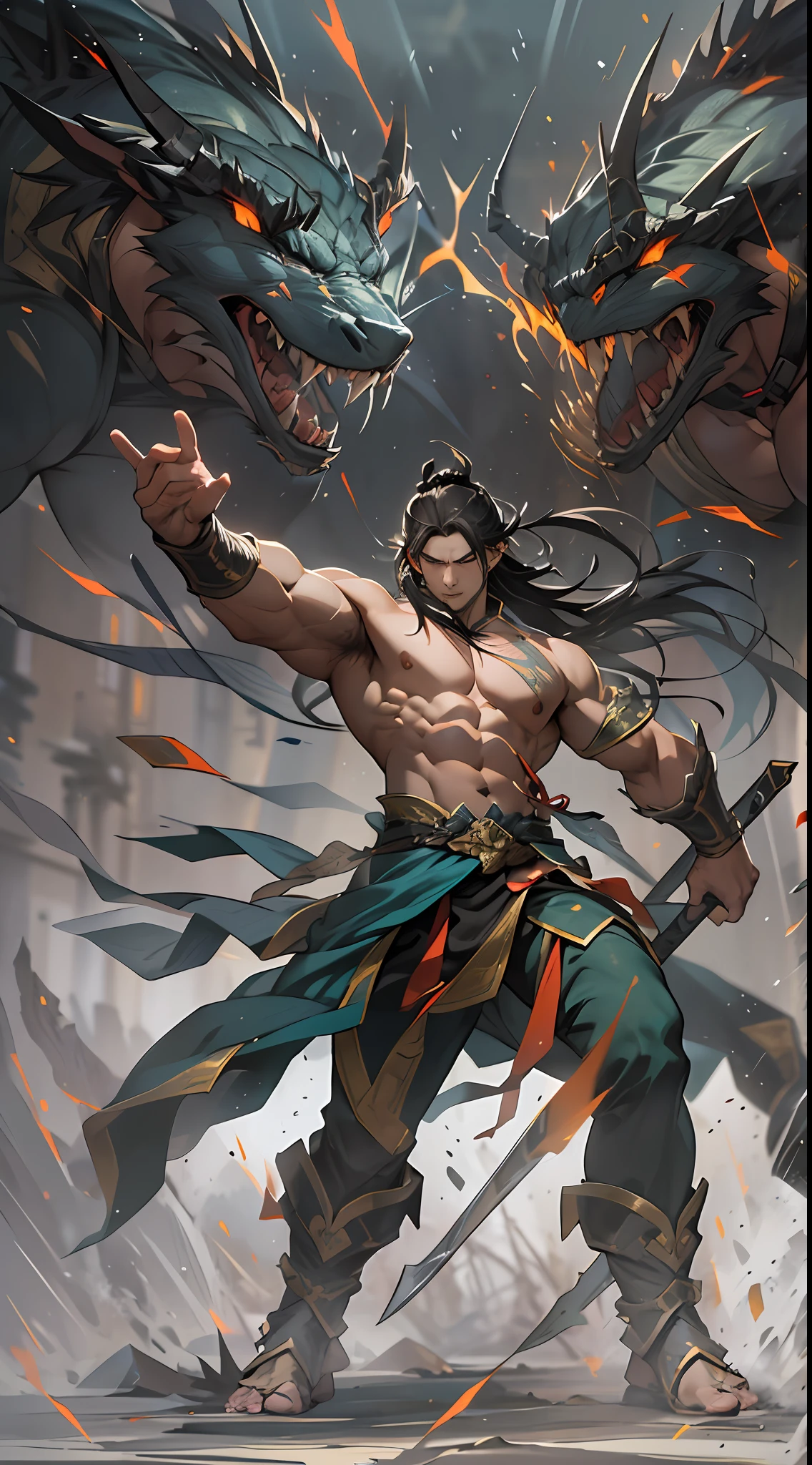 Li Gu's battle shocks everyone, displaying extraordinary combat power, his body radiating a powerful aura, bulging muscles, determined gaze, as if transformed into a war god. However, due to excessive exhaustion, he cannot sustain it for long, his stamina gradually weakening, , 32k, best quality, masterpiece, super detail, high details,