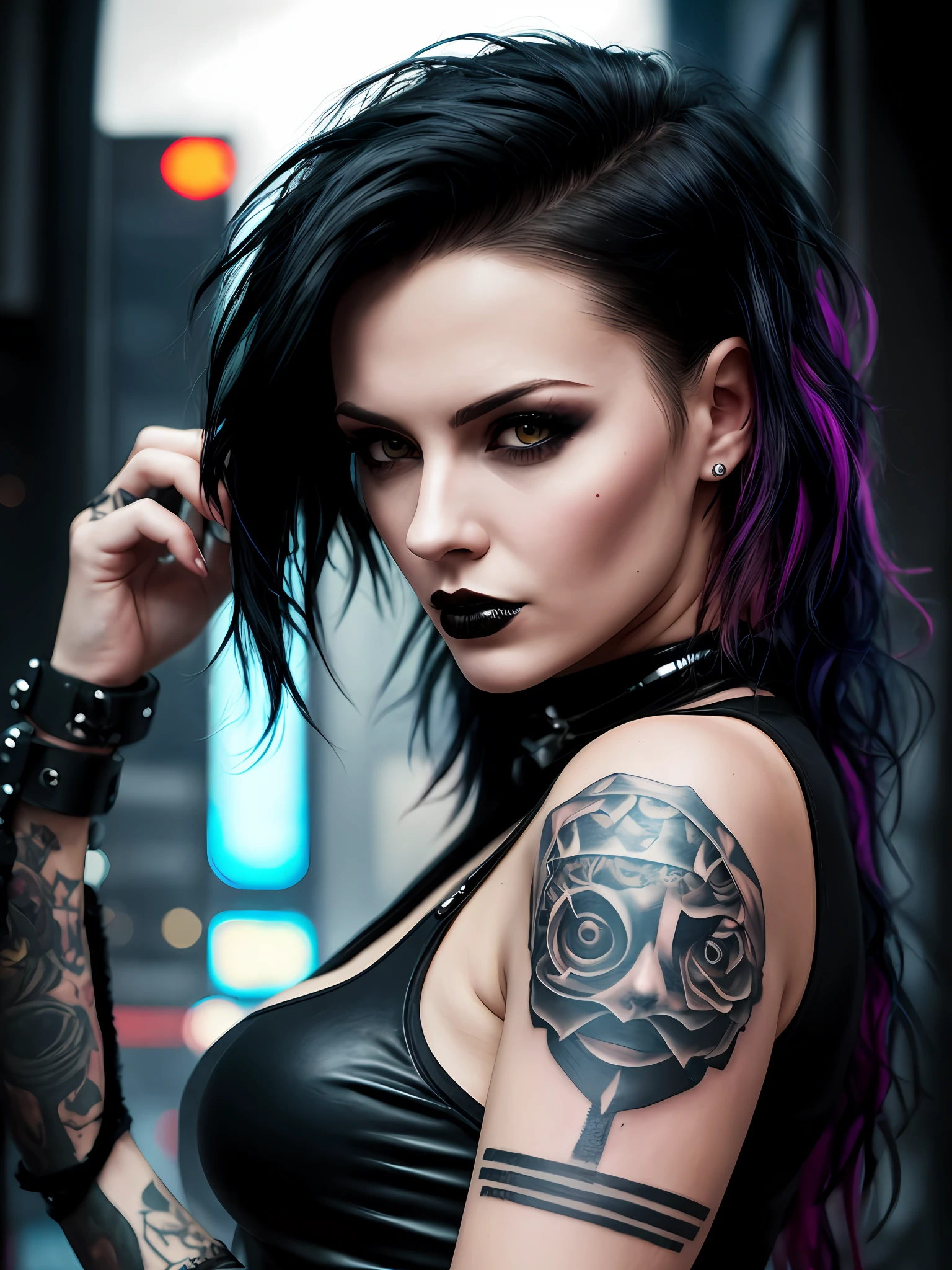 a woman with a tattoo on her arm and a black top, large chest, breasts, beautiful cyberpunk girl face, beautiful cyberpunk woman model, cyberpunk angry gorgeous goddess, very beautiful goth top model, cyberpunk beautiful girl, diesel punk female, ornamental gothic - cyberpunk, jet black haired cyberpunk girl, seductive cyberpunk dark fantasy, beautiful female punk, attractive androgynous humanoid, cyberpunk girl,
