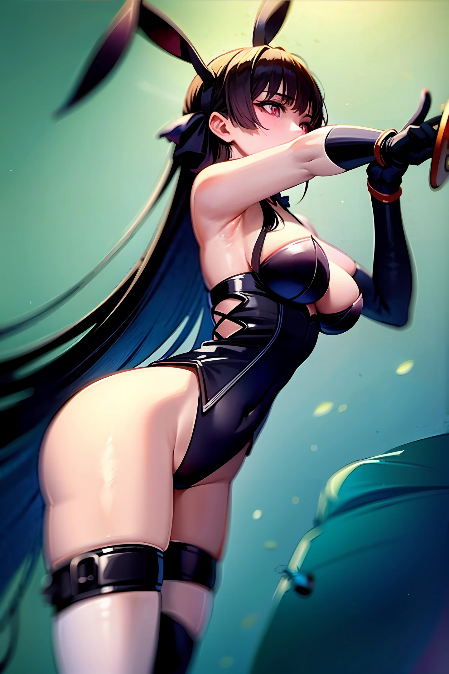 Black silk bunny girl performs a chopping with a Japanese katana in her hand