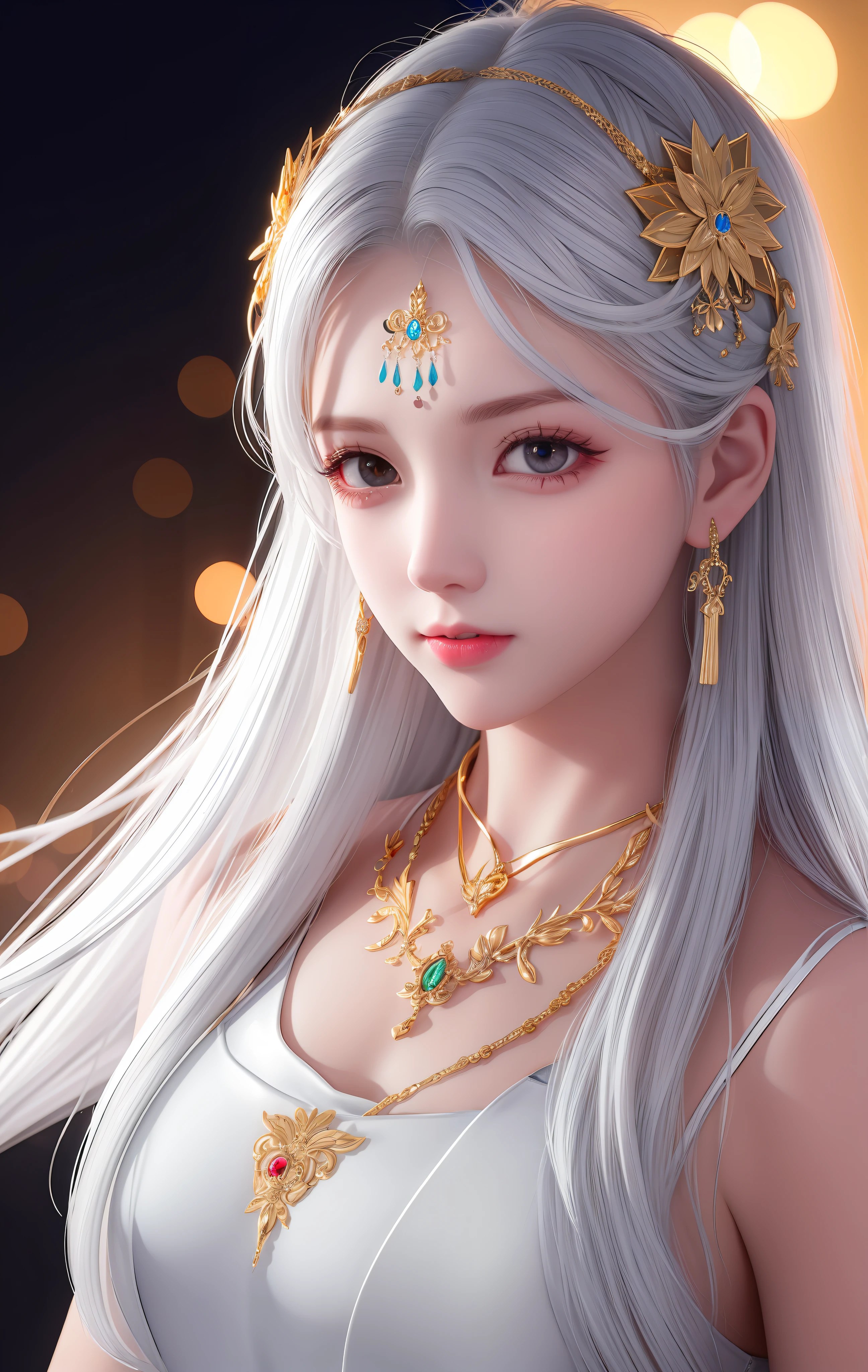 Golden pupils，white color hair ，photorealestic，height of one meter seven，sharp looking eyes，8k ultra high definition