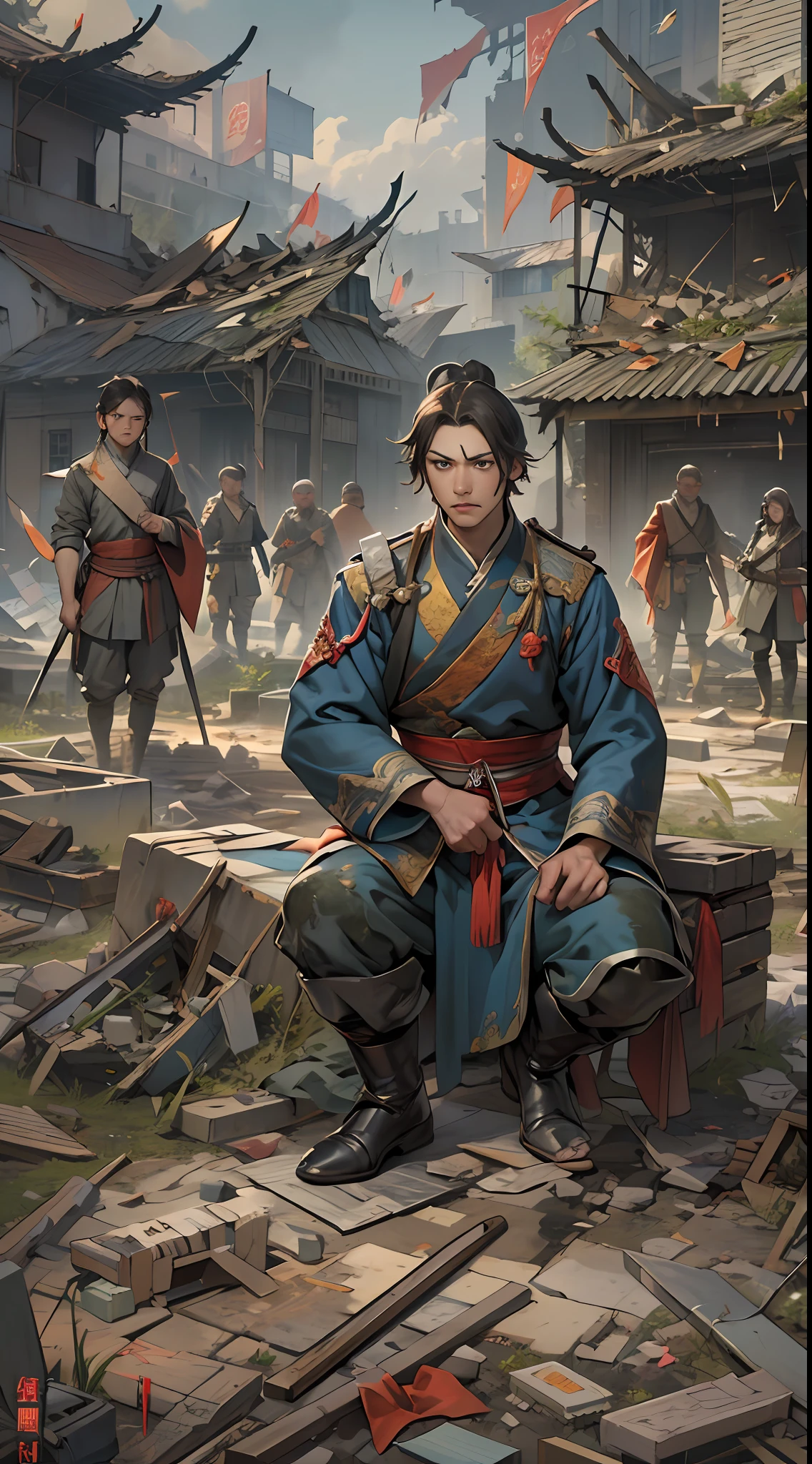 Yuan Jie and others realize the unfavorable situation, proposing to end the battle and retreat in the face of powerful enemies, their expressions solemn, eyes revealing helplessness and disappointment, a war-torn battlefield with broken buildings and debris in the background, , 32k, best quality, masterpiece, super detail, high details