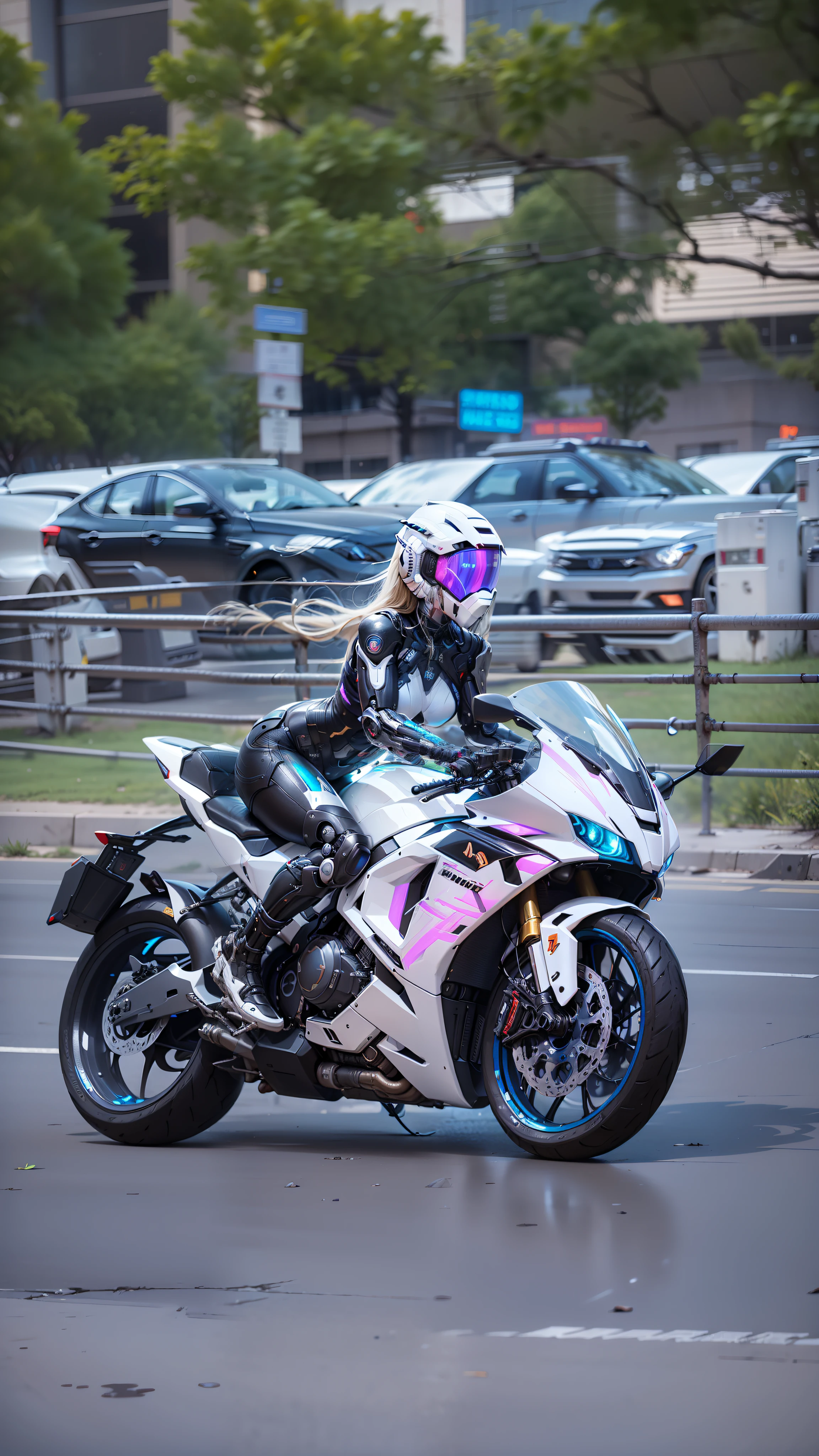 Sexy Cyber Warrior,Long flowing blonde hair,White cyberpunk high-tech mech costume,White cyberpunk faceless helmet,Biomechanicals, MSHN Robot Woman,High-tech helmet,hyper realisitc, Steel, Complex design, insanely details, finely detailled, Extremely clear lines, cinmatic lighting, photograph realistic, A detailed masterpiece