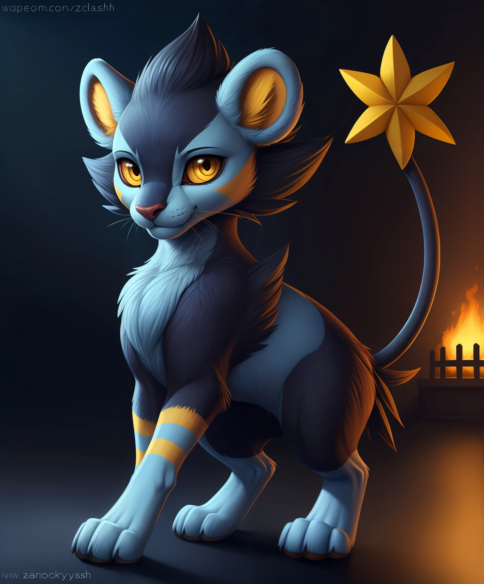 luxray, yellow eyes, red sclera, (pose:1.3), (posing:1.3), (soft shading), 4k, hi res, ((detailed face, (detailed eyes:1.0), detailed)), (full body), by zackarry911, by zaush, (by personalami:0.5), feral, tail,