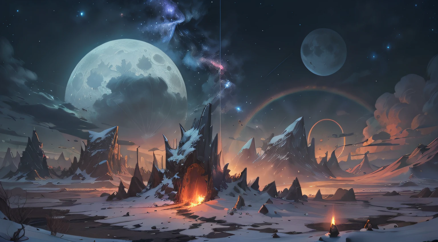 Expansive landscape photography, (See below.), Above is the sky, Below is an open field), (Full Moon: 1.2), (Meteor: 0.9), (Nebula: 1.3), distant mountain, BREAK tree making art, (Warm light source: 1.2), (Firefly: 1.2), lights, Very purple and orange, complicated detail, volume lighting, BREAK realism (Masterpiece: 1.2), (best quality), Ultra-detailed, RAWExtremely detailed, Colorful details, (Rainbow colors: 1.2), (bright lighting, atmospheric lighting), Dreamlike, Magical, 4k