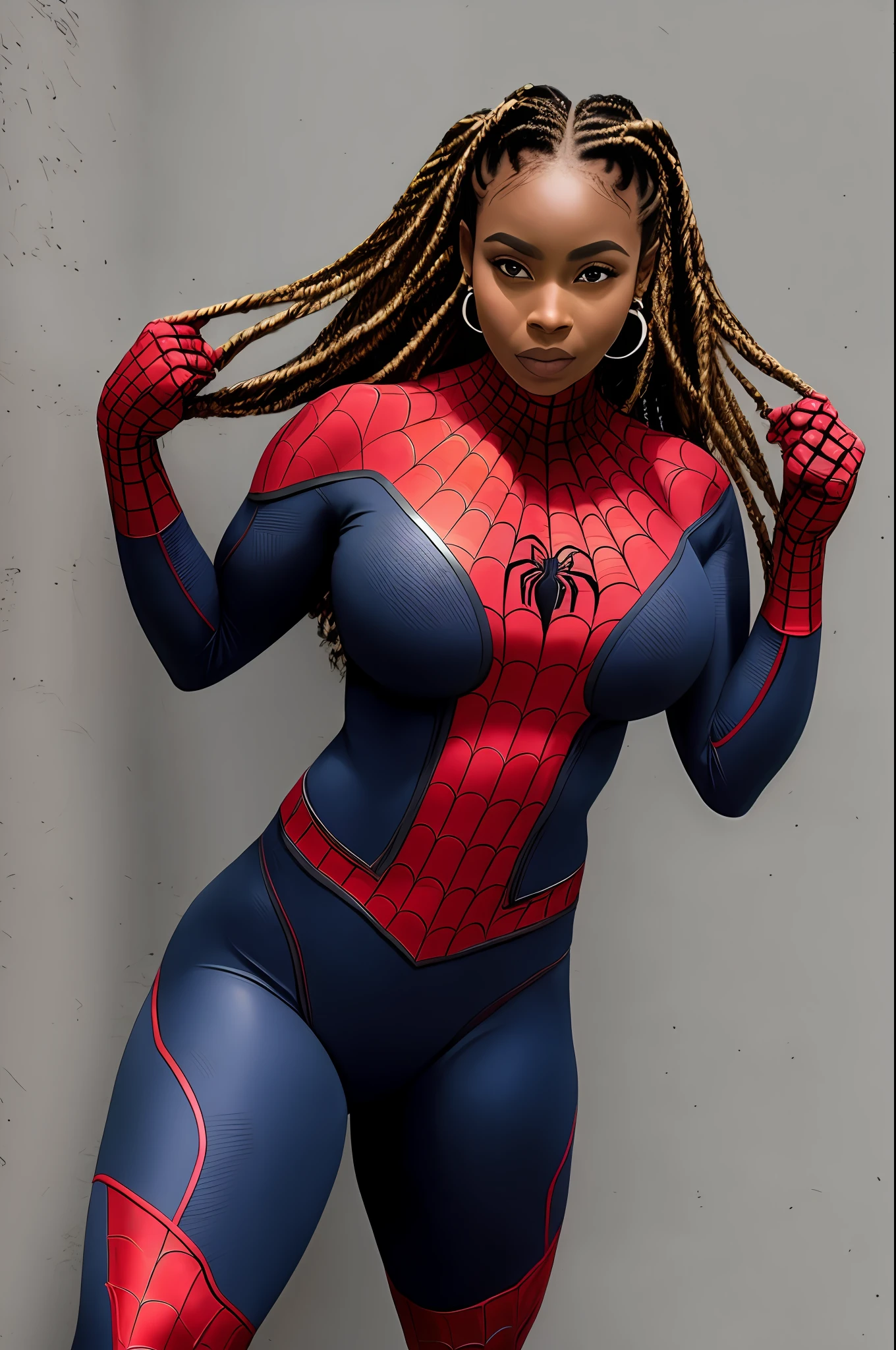 "A gorgeous black woman posing in athletic shape with braided hair and large breasts wearing a sexy spider-man outfit."