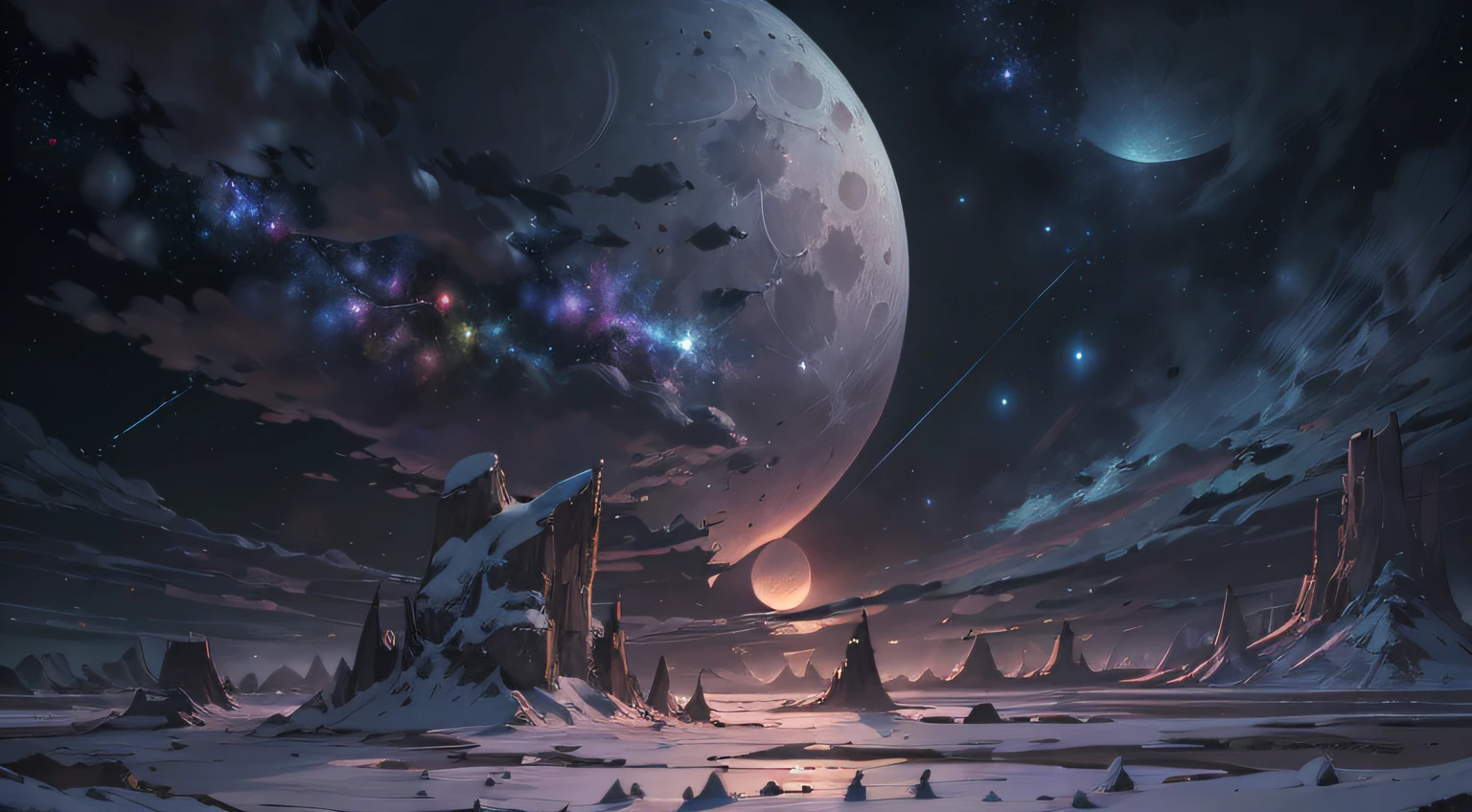 Expansive landscape photography, (See below.), Above is the sky, Below is an open field), (Full Moon: 1.2), (Meteor: 0.9), (Nebula: 1.3), distant mountain, BREAK tree making art, (Warm light source: 1.2), (Firefly: 1.2), lights, Very purple and orange, complicated detail, volume lighting, BREAK realism (Masterpiece: 1.2), (best quality), Ultra-detailed, RAWExtremely detailed, Colorful details, (Rainbow colors: 1.2), (bright lighting, atmospheric lighting), Dreamlike, Magical, 4k