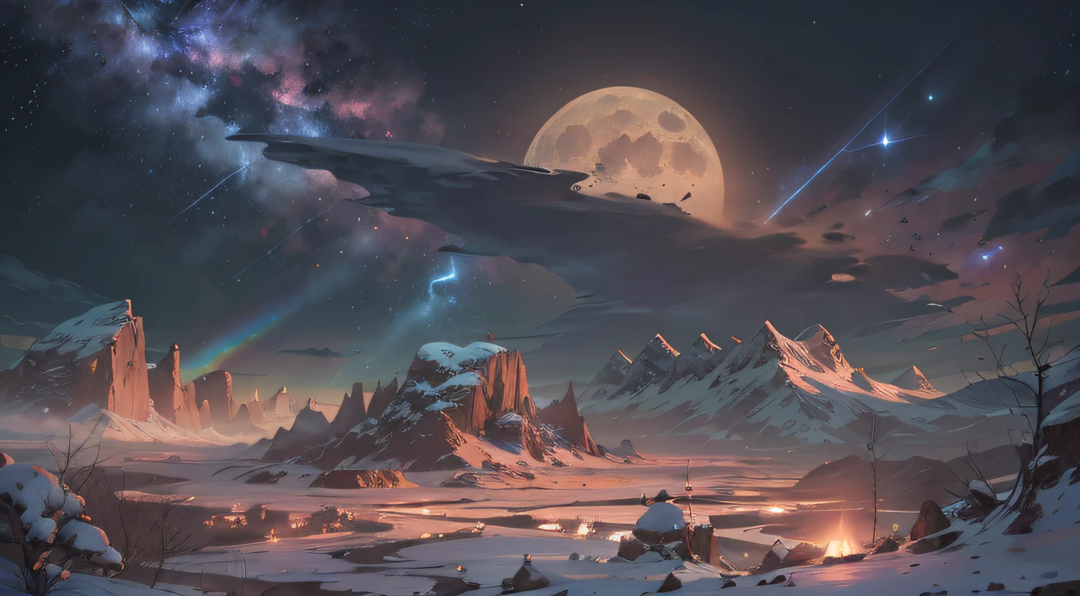 Expansive landscape photography, (See below.), Above is the sky, Below is an open field), (Full Moon: 1.2), (Meteor: 0.9), (Nebula: 1.3), distant mountain, BREAK tree making art, (Warm light source: 1.2), (Firefly: 1.2), lights, Very purple and orange, complicated detail, volume lighting, BREAK realism (Masterpiece: 1.2), (best quality), Ultra-detailed, RAWExtremely detailed, Colorful details, (Rainbow colors: 1.2), (bright lighting, atmospheric lighting), Dreamlike, Magical, 4k