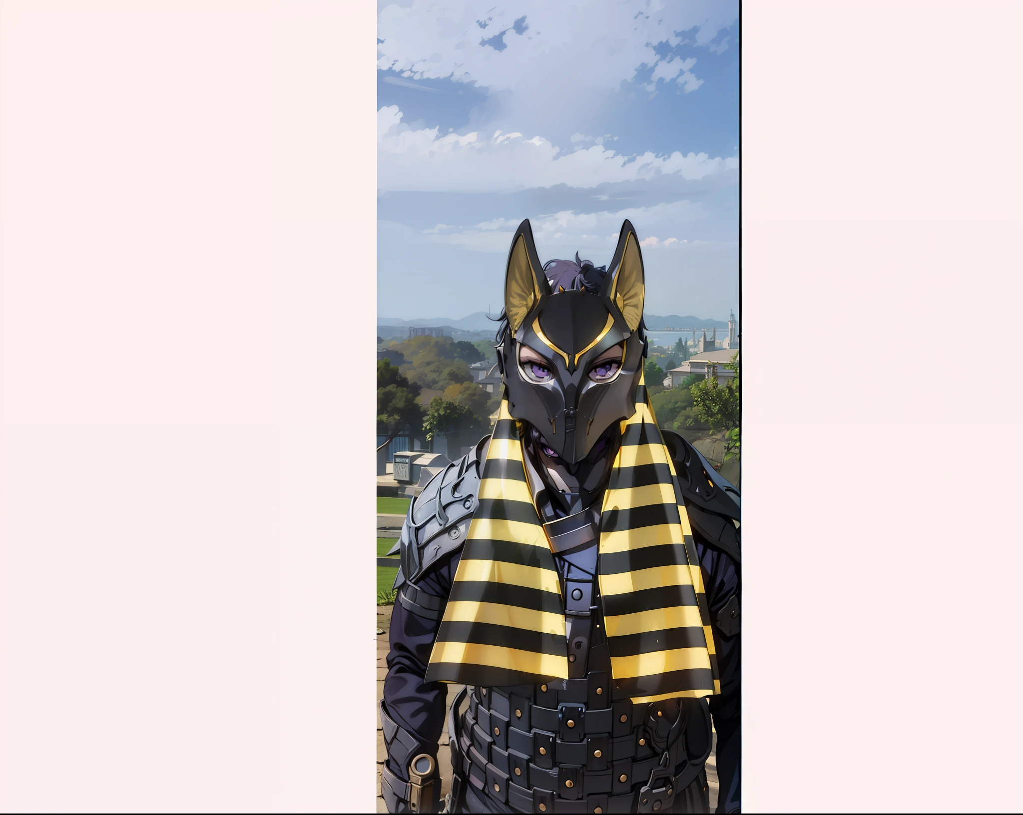 Mask of Anubis,Homem,barba,4k, Purple eyes, Armadura preta, egipcian, segurando uma cimitarra
