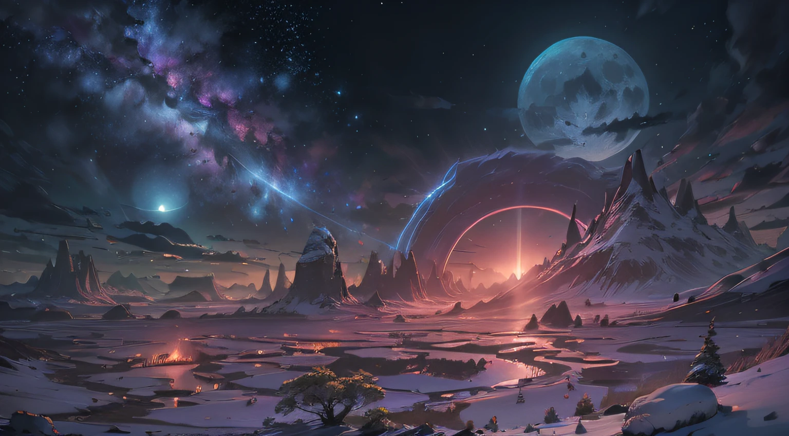 Expansive landscape photography, (See below.), Above is the sky, Below is an open field), (Full Moon: 1.2), (Meteor: 0.9), (Nebula: 1.3), distant mountain, BREAK tree making art, (Warm light source: 1.2), (Firefly: 1.2), lights, Very purple and orange, complicated detail, volume lighting, BREAK realism (Masterpiece: 1.2), (best quality), Ultra-detailed, RAWExtremely detailed, Colorful details, (Rainbow colors: 1.2), (bright lighting, atmospheric lighting), Dreamlike, Magical, 4k