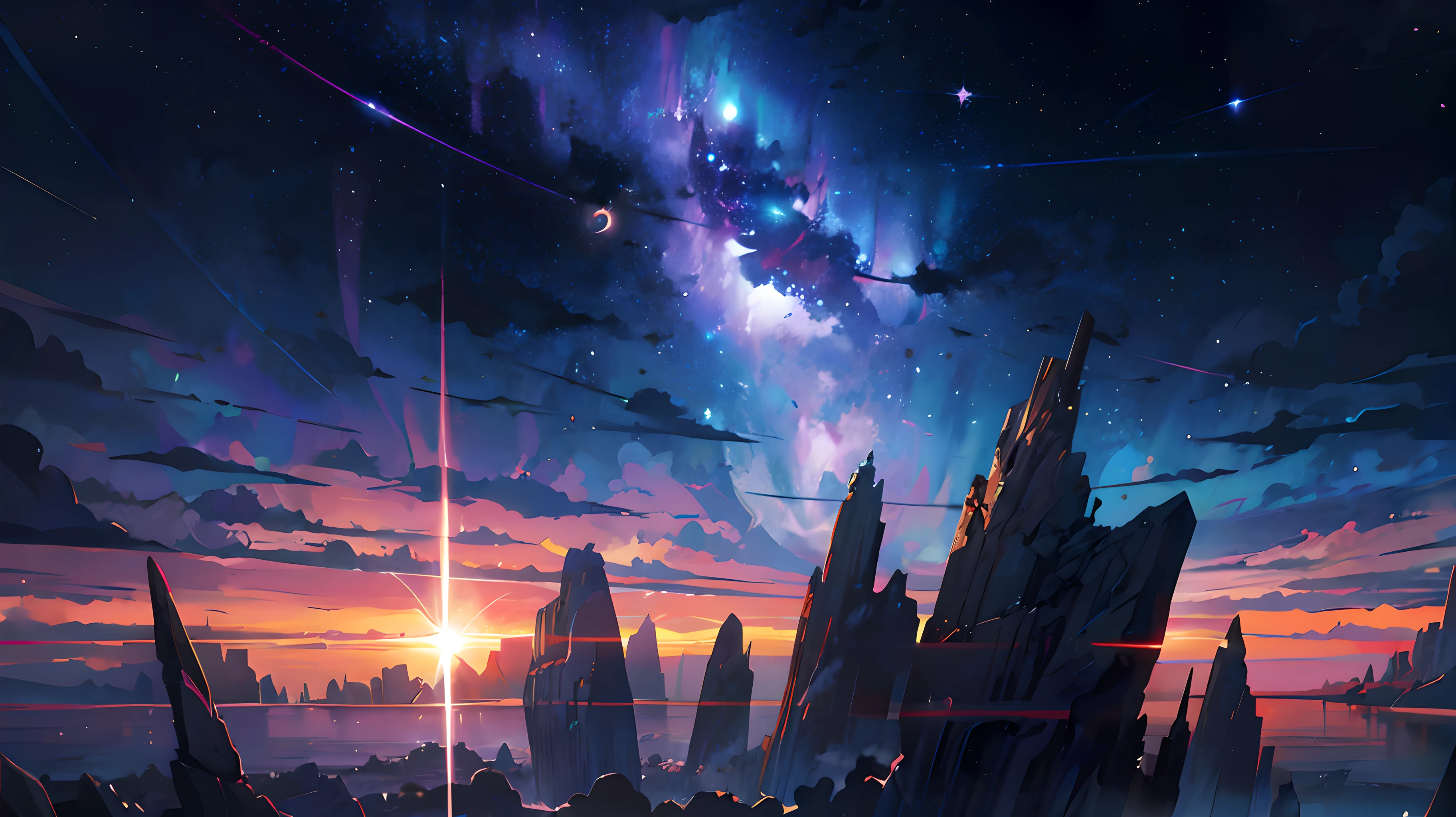 Anime - Beautiful sky with stars and planets，English，charact，charactor，Cosmic sky style scene。Written by Makoto Shinkai， Anime art wallpaper 4k， Anime art wallpaper 4 K， Anime art wallpaper 8 K， Anime wallpaper 4K， Anime wallpapers 4 k， 4K anime wallpaper， Anime Sky， Amazing wallpapers， anime backgrounds， heaven planet in background， Anime background art