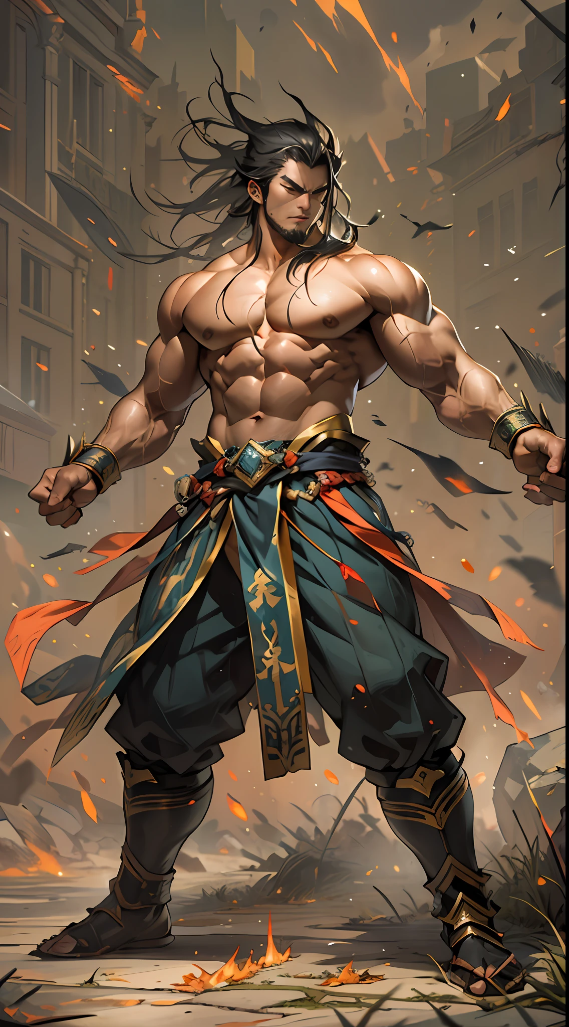 Li Gu's battle shocks everyone, displaying extraordinary combat power, his body radiating a powerful aura, bulging muscles, determined gaze, as if transformed into a war god. However, due to excessive exhaustion, he cannot sustain it for long, his stamina gradually weakening, , 32k, best quality, masterpiece, super detail, high details,