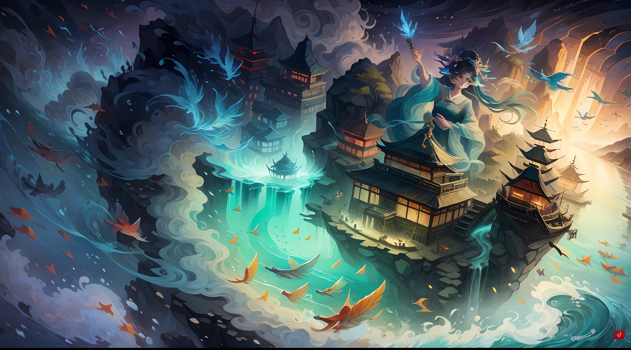 Vast sea,Immortal Island, the ocean,faeries,Auspicious clouds,The beautiful sea goddess Mazu guards everything in the sky,Protect the oceans and fishermen, Fishing village on the island,Small fishing boats at sea,Ancient port,rays of sunshine, tmasterpiece, super detailing, Epic composition,Song Dynasty, hyper HD, high qulity, extremely detaile, offcial art, 统一 8k 壁纸, super detailing, 32K