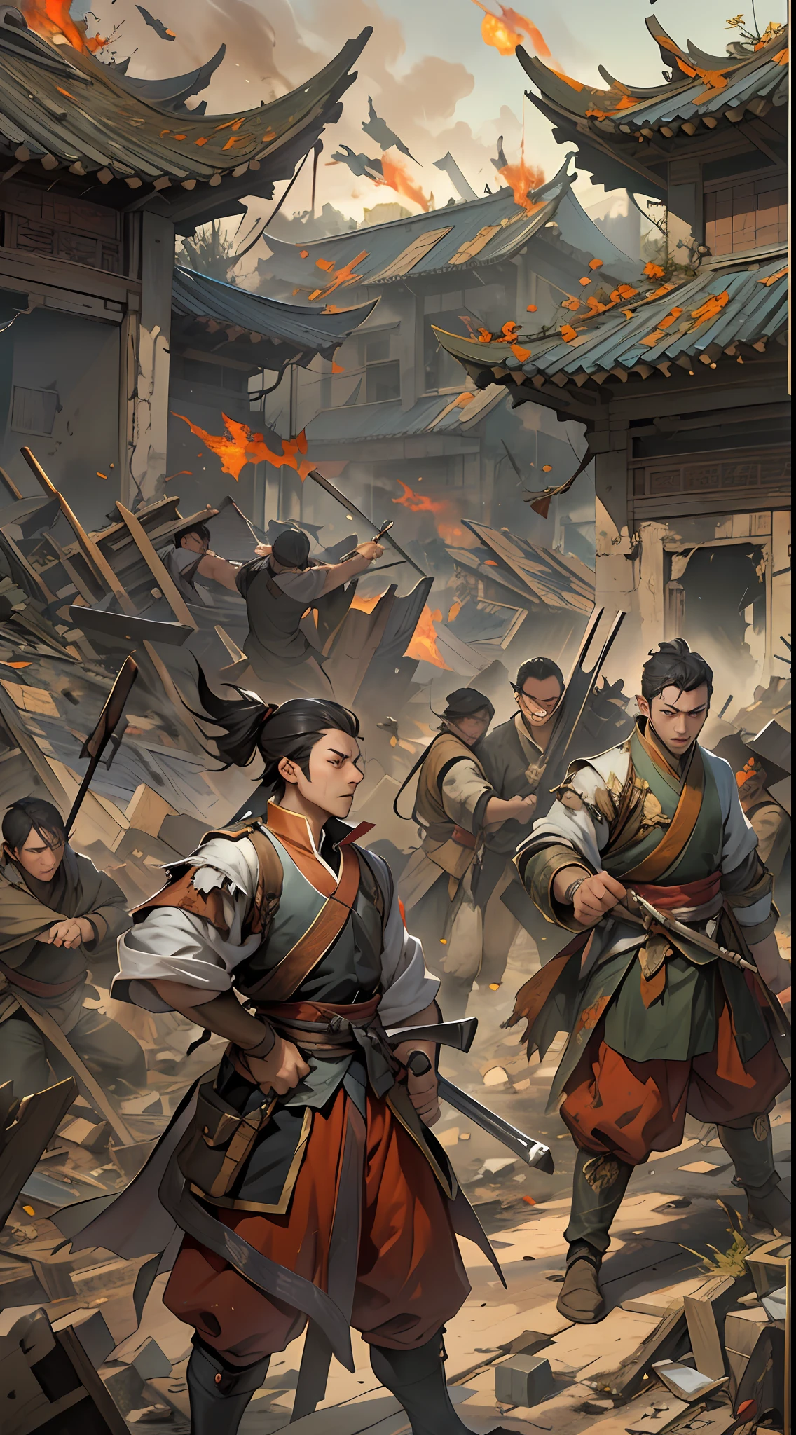 Yuan Jie and others realize the unfavorable situation, proposing to end the battle and retreat in the face of powerful enemies, their expressions solemn, eyes revealing helplessness and disappointment, a war-torn battlefield with broken buildings and debris in the background, , 32k, best quality, masterpiece, super detail, high details